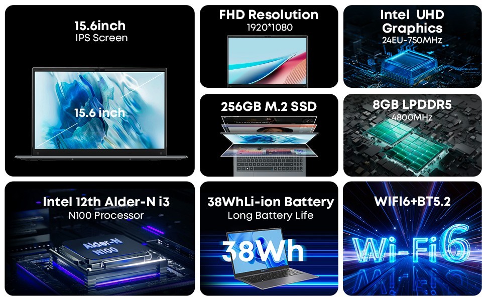 CHUWI 15.6” GemiBook Plus Laptop Intel N100 8GB DDR5 256GB SSD Windwos 11 PC
