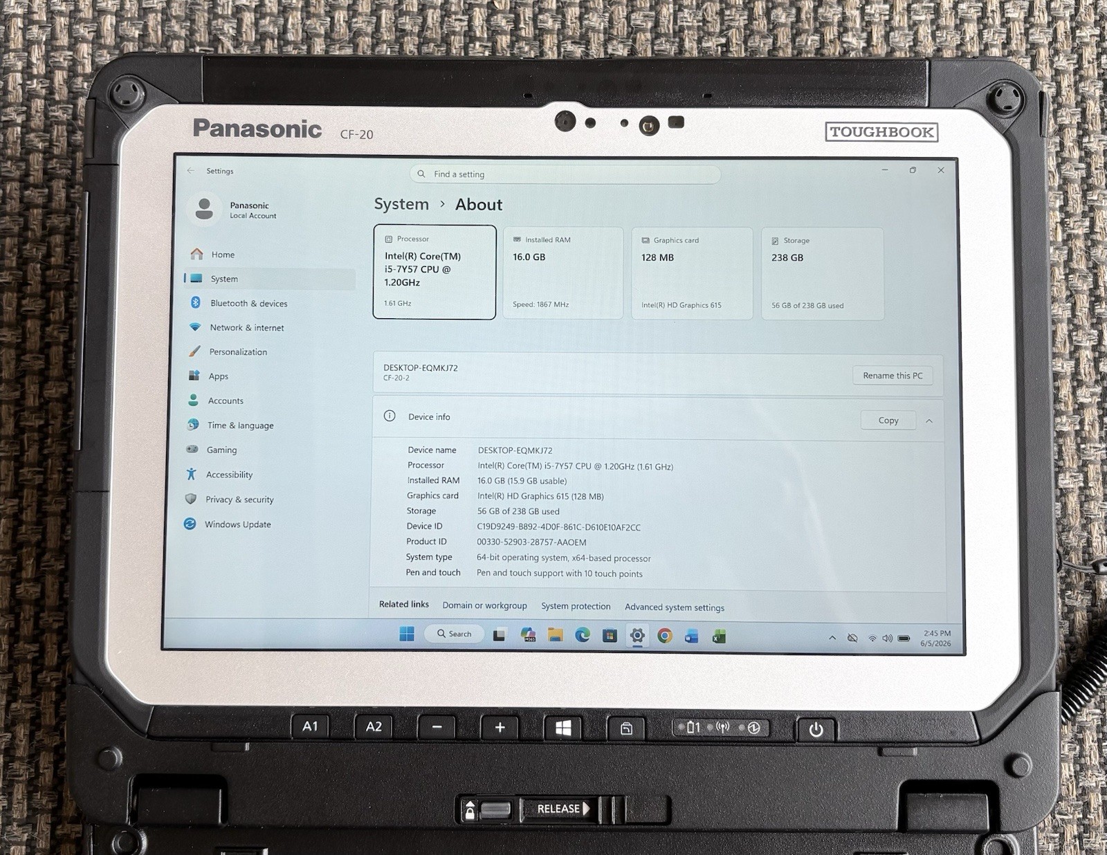 Panasonic Toughbook CF-20 1.20GHz Win 11 Core i5-7Y57 16GB RAM 256GB SSD