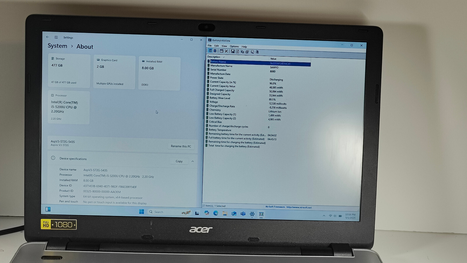 Acer Aspire V3-572G-543S Intel Core i5-5200U 8GB RAM 512GB SSD Nvidia 840M 15.6″