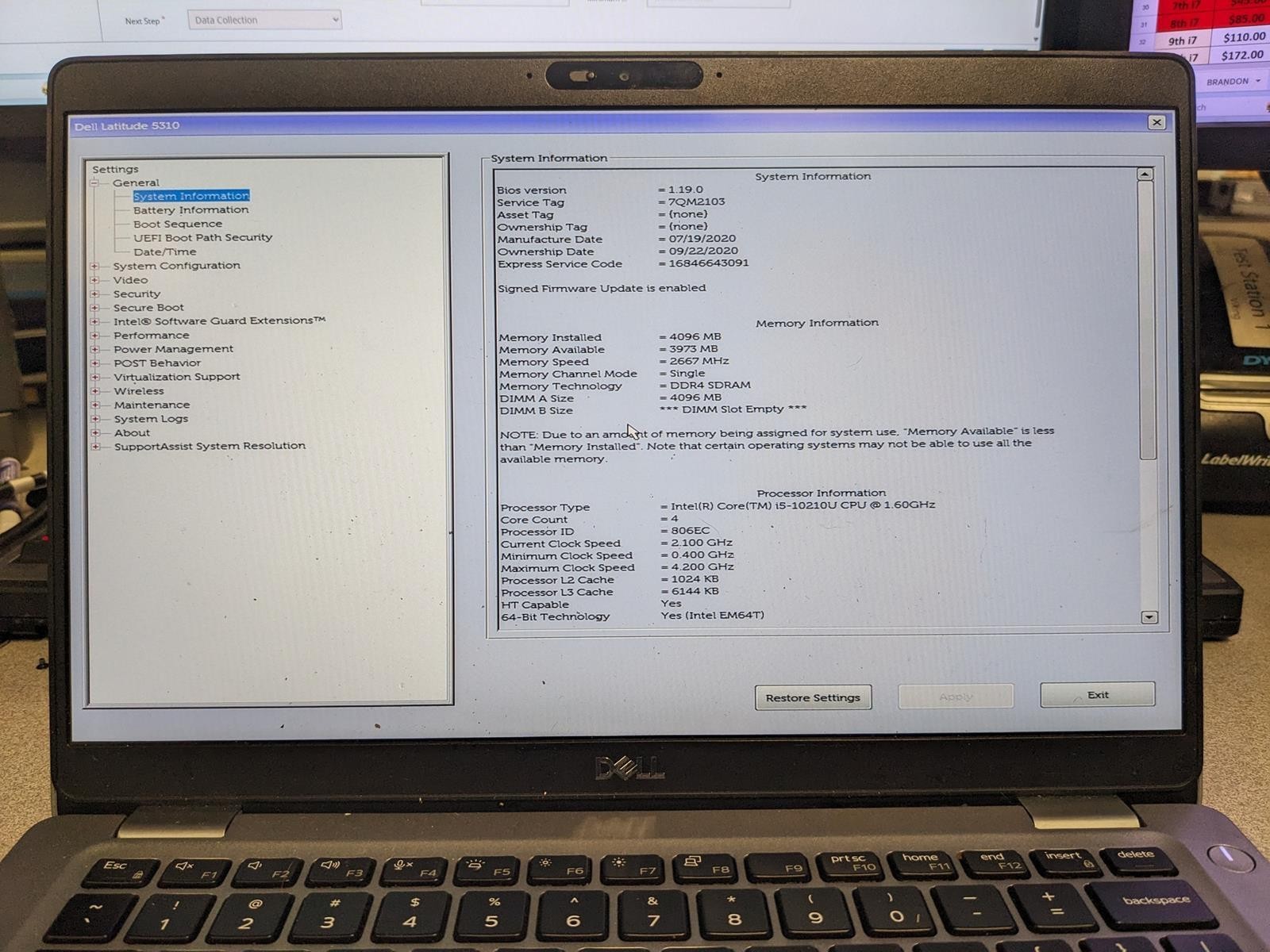 DELL LATITUDE 5310 i5-10210U @ 1.60GHz, 4GB RAM, NO HDD/OS