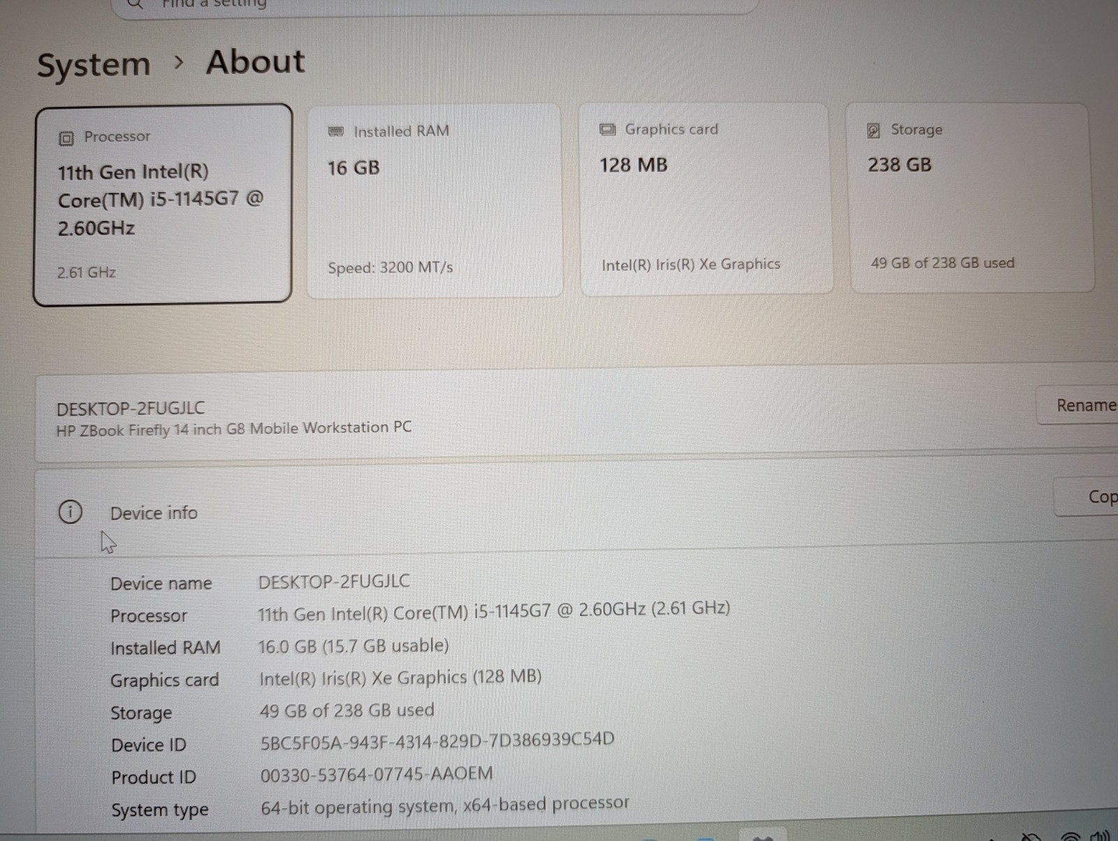 HP ZBook Firefly 14 G8 i5-1145G7 2.6GHz 16GB 256GB SSD 14″ Win 11 Pro Grade A