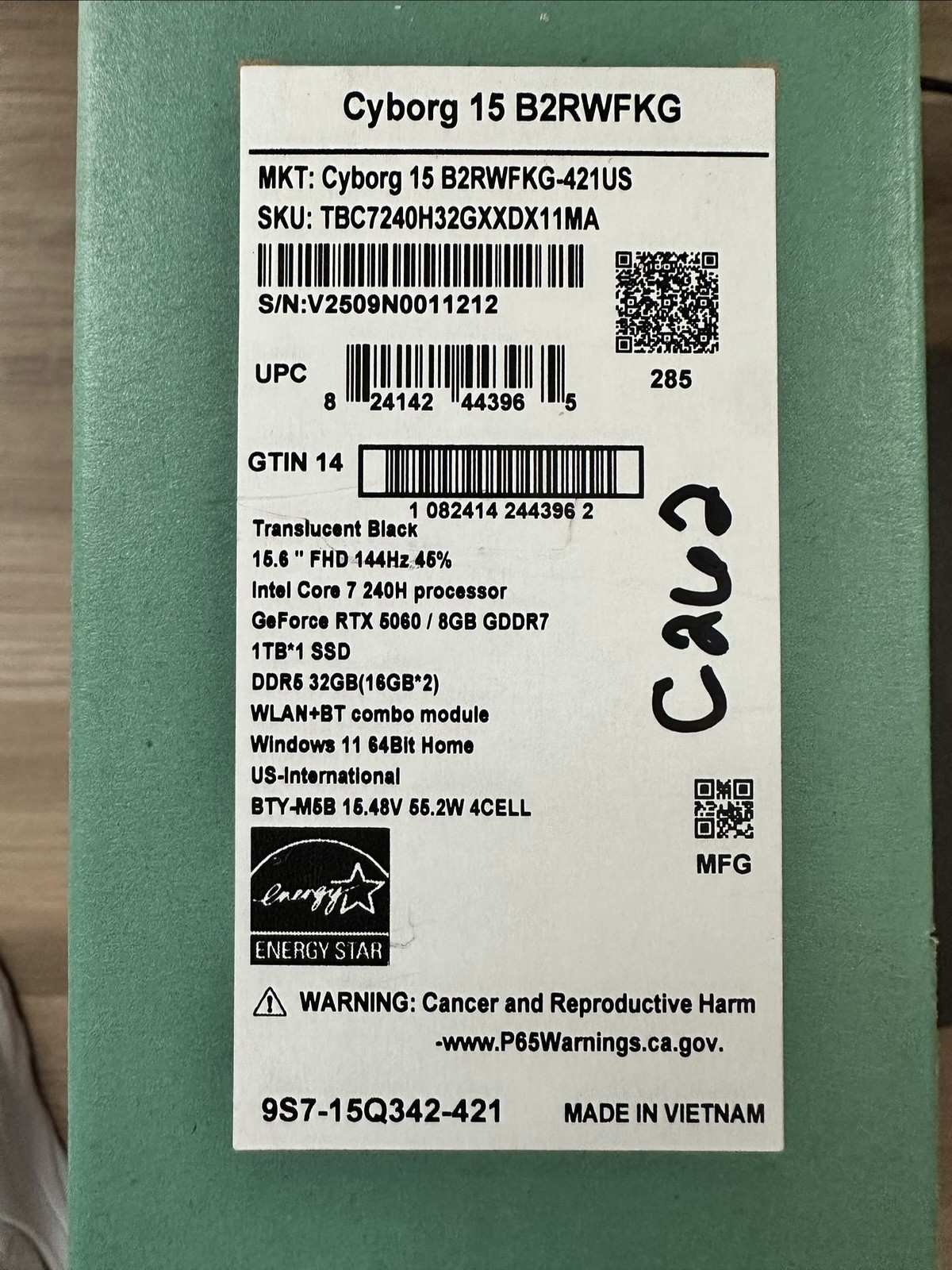 MSI Cyborg 15 B2RWFKG 15.6” i7-240H RTX 5060 32GB RAM 1TB SSD Win 11