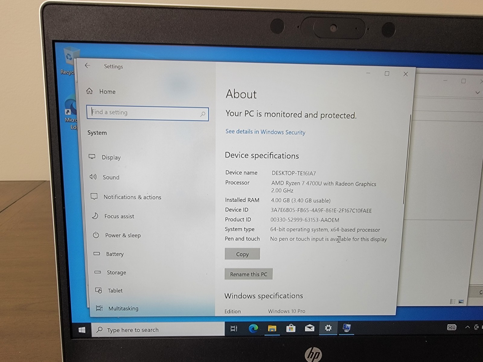 CLEAN HP ProBook 445 G7 14″ AMD Ryzen 7 4700U @ 2.7GHz -8GB Ram- 228GB SSD
