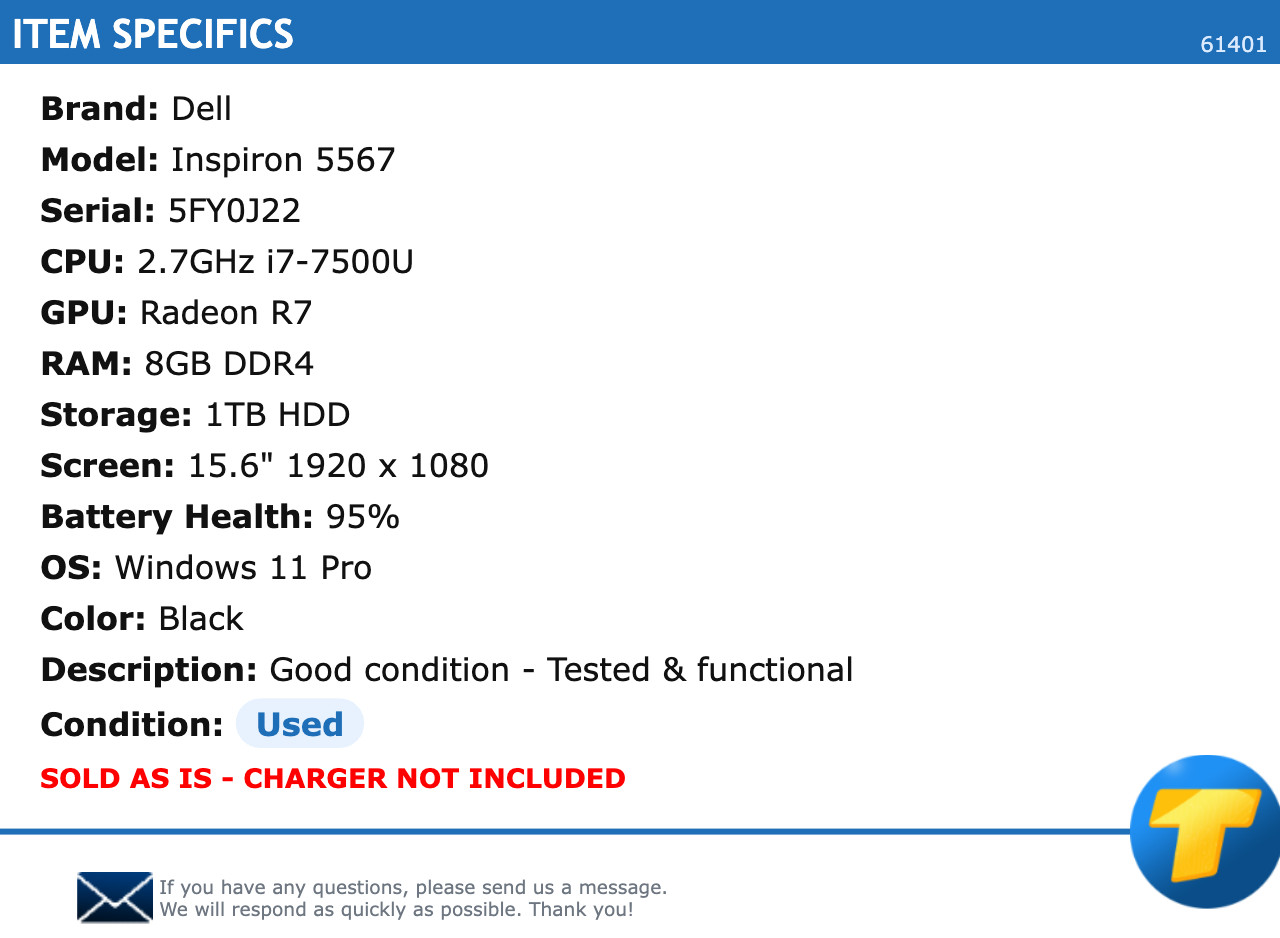 Dell Inspiron 5567 – 15.6″ FHD, 2.7GHz i7, 8GB RAM, 1TB HDD, Windows 11 Pro