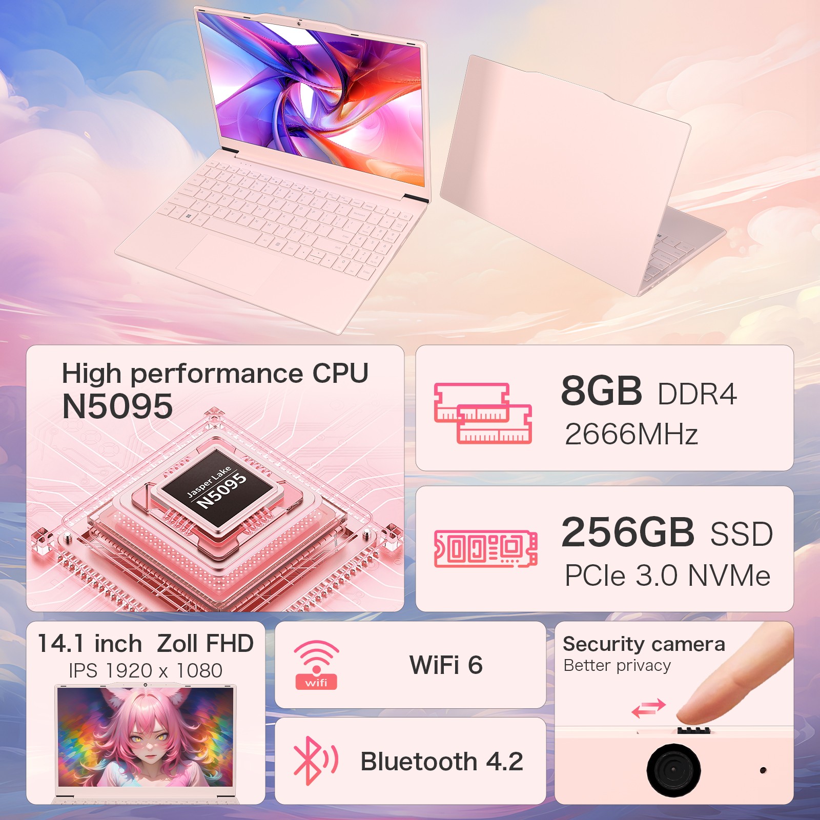 Ultra Slim 14.1inch Pink Laptop N5095 8GB DDR4 256GB SSD Portable Student Laptop