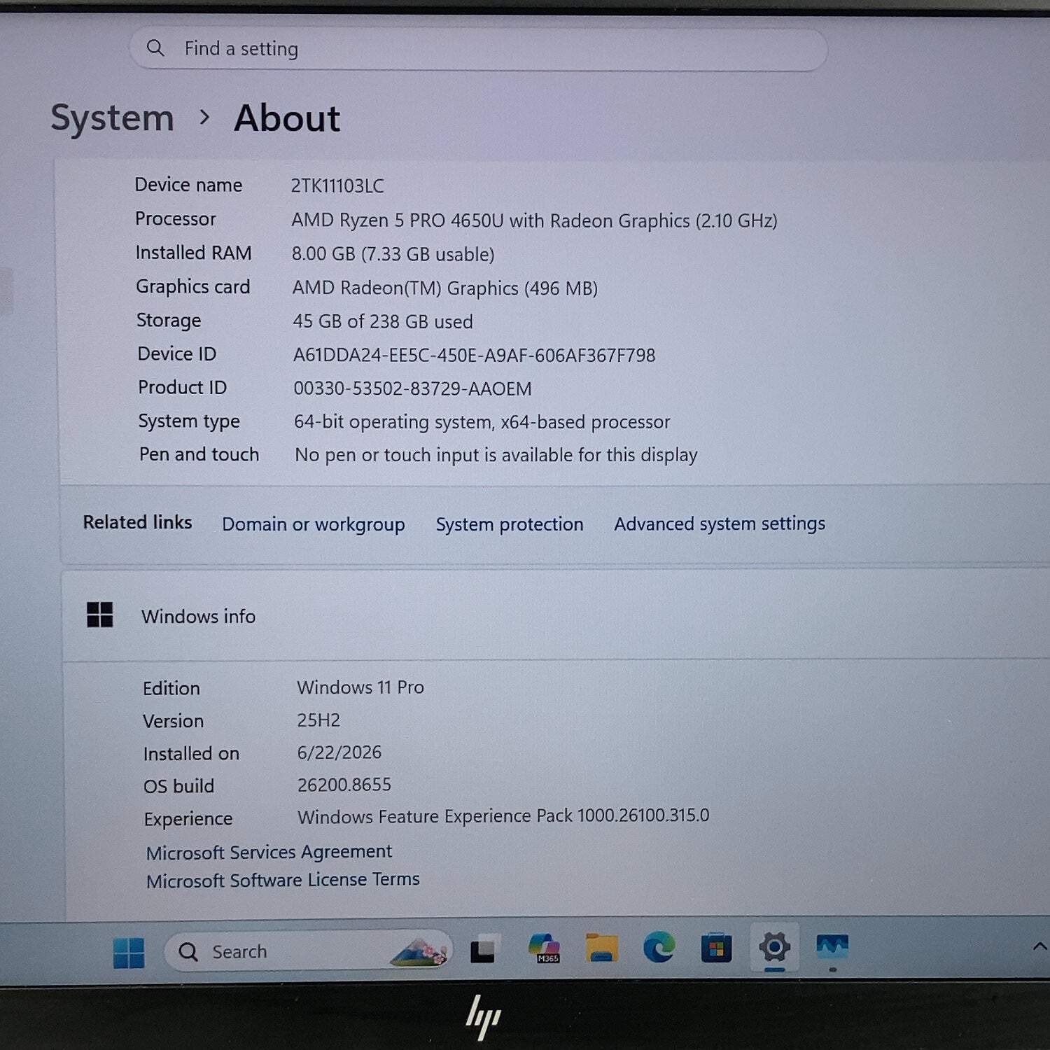 HP EliteBook 845 G7 14″ 4650u 2.1GHz 8GB RAM 256GB SSD
