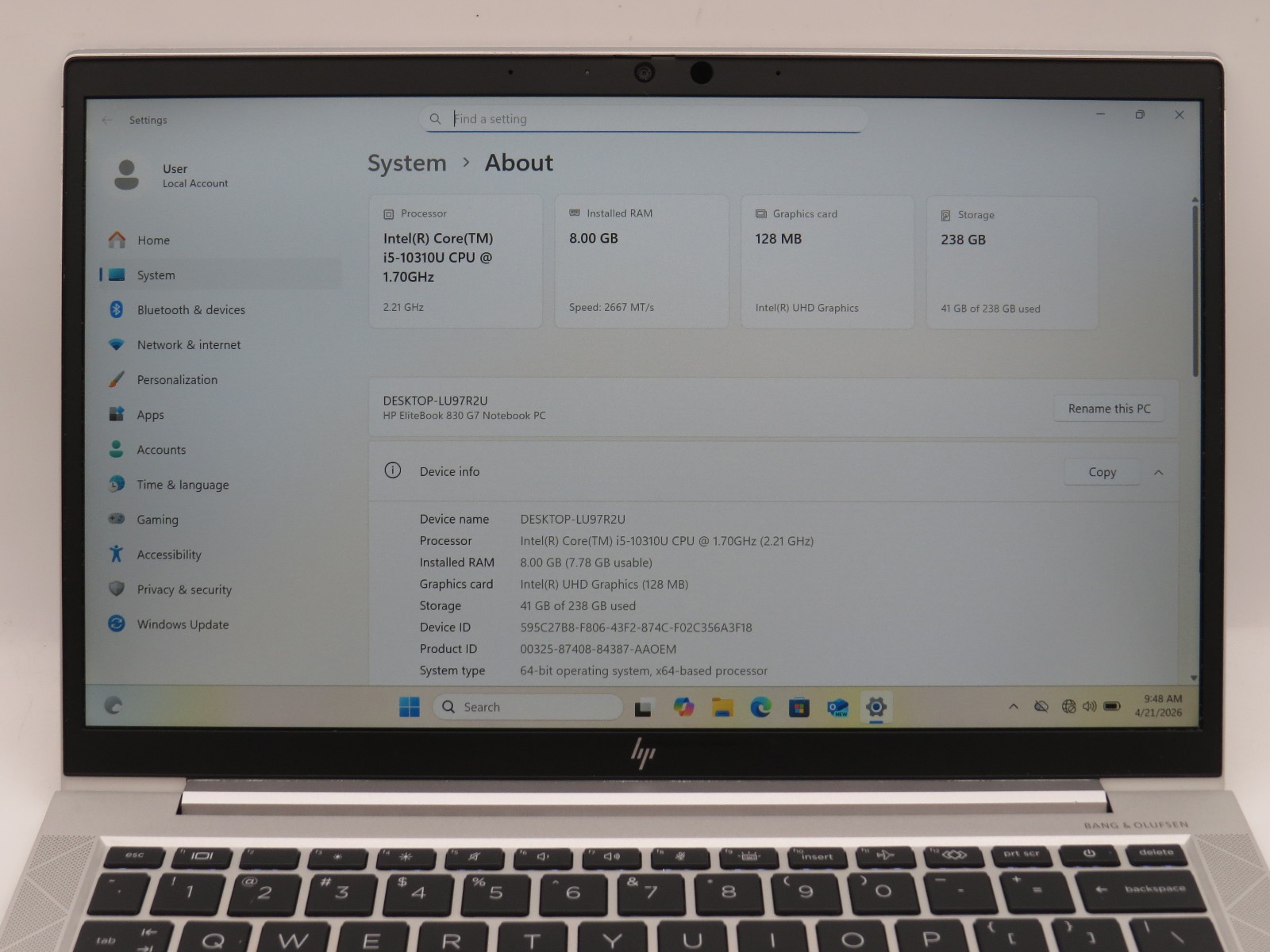 HP Elitebook 830 G7 | i5-10310U @ 1.7GHz | 8GB DDR4 | 256GB m2 | 13″ | Win 11