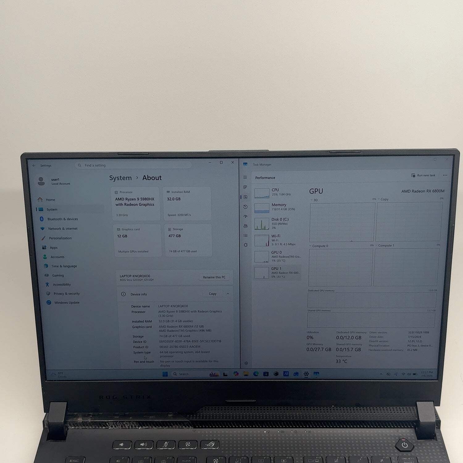 Asus ROG Strix G15 G513QY 15.6″ Ryzen 9 5980HX 3.3GHz 32GB RAM 500GB SSD