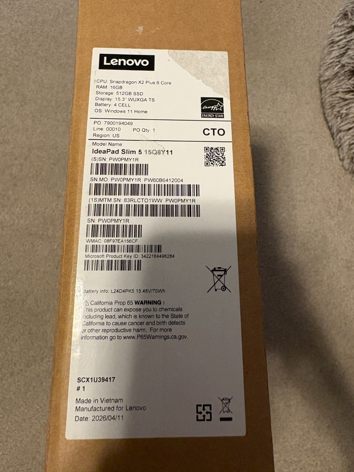 Lenovo Ideapad Slim 5x 15″ Snapdragon Laptop – 512GB Storage – 16GB RAM – 70Whr