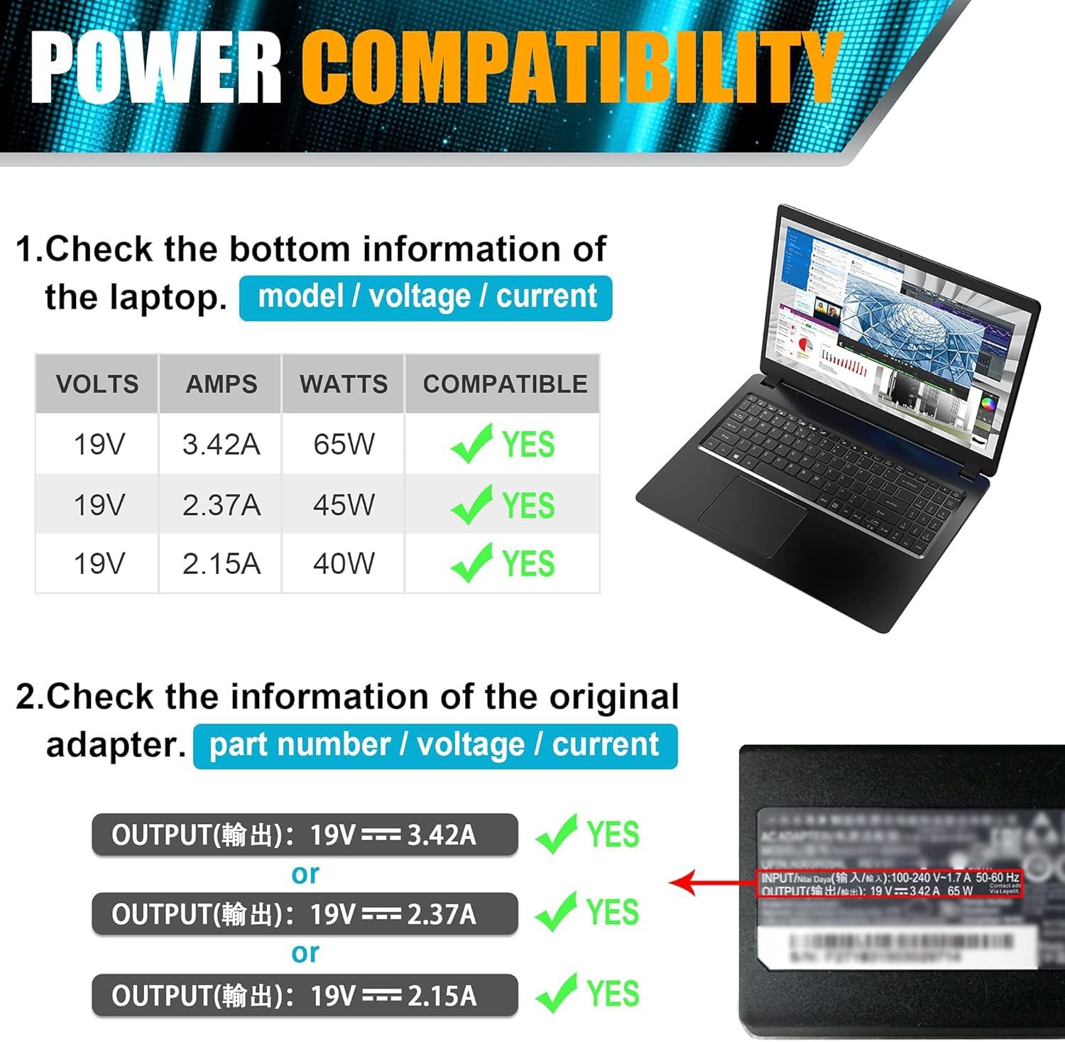 19V 3.42A 65W AC Adapter Charger for Acer Chromebook 11 13 14 15 CB3 CB5 C720