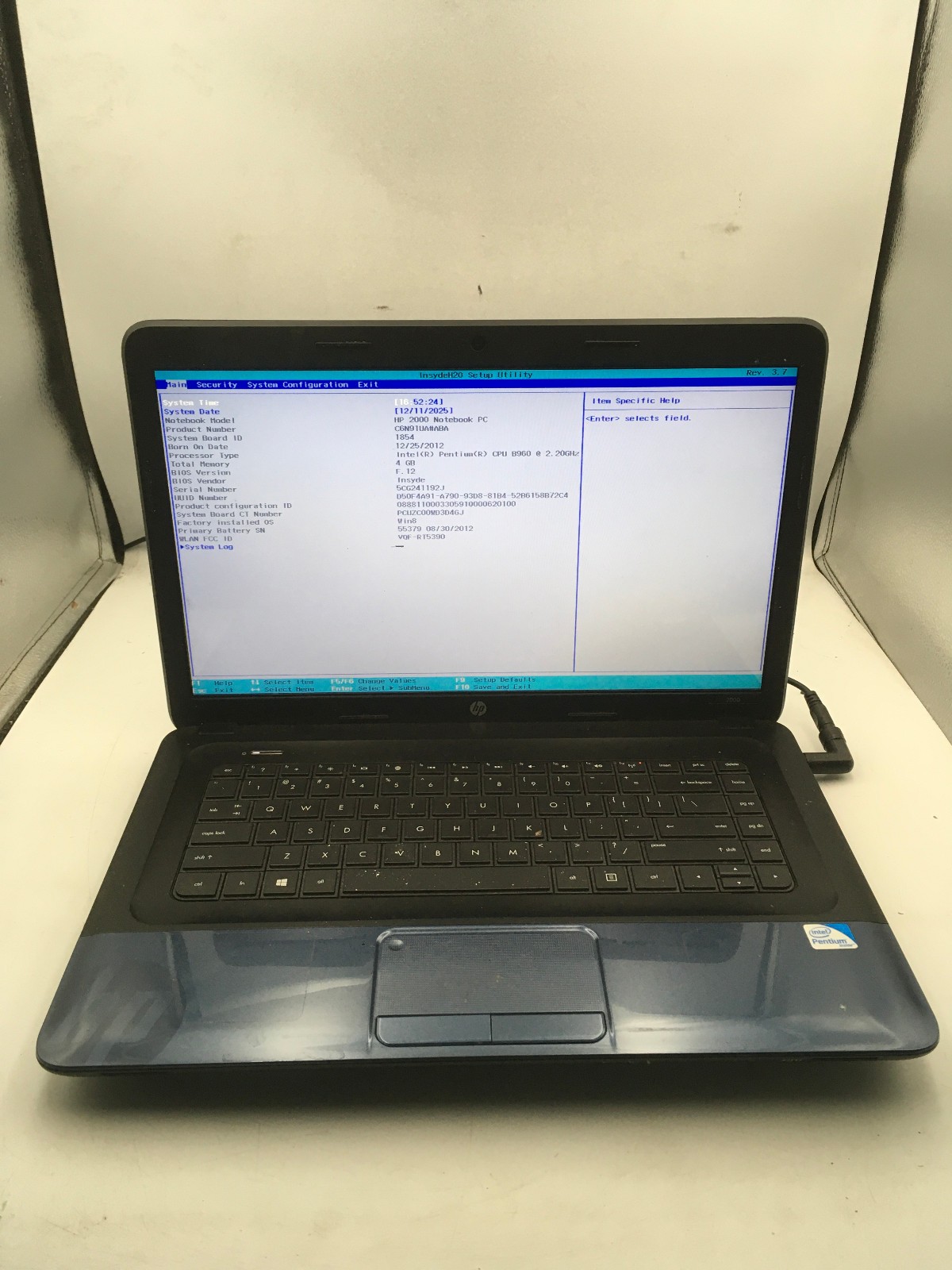 HP 2000 2B59WM – BOOTS TO BIOS – INTEL PENTIUM B960 – 4GB RAM – READ DESC – BB