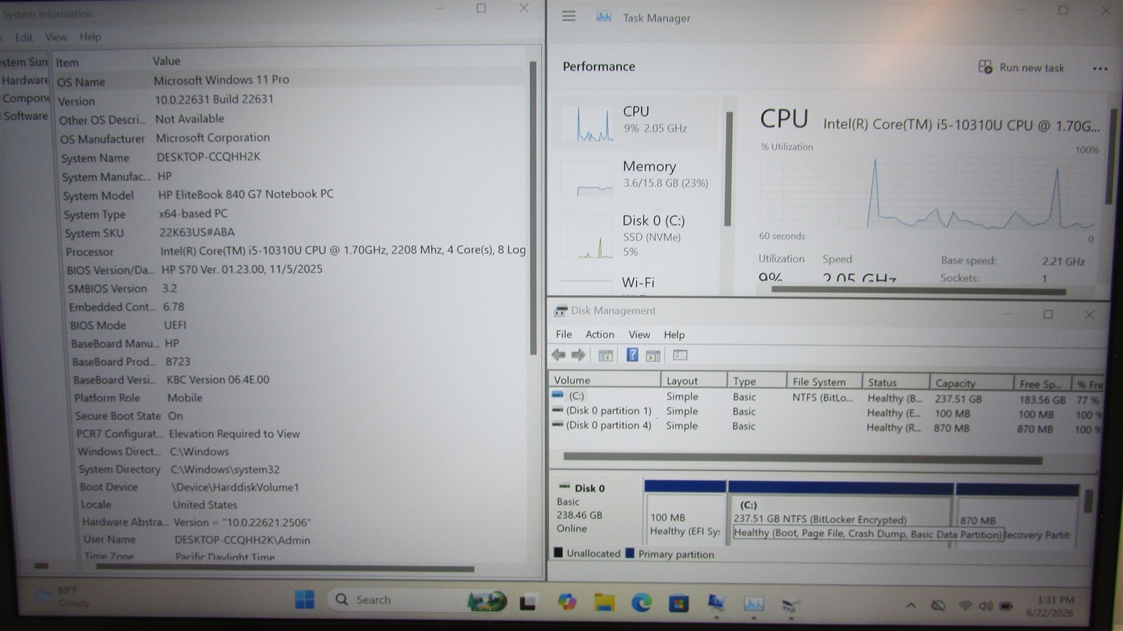 HP Elitebook 840 G7 i5-10310U 1.7GHz 16GB RAM 256GB NVME 14″ Win11 Pro Touch DMG