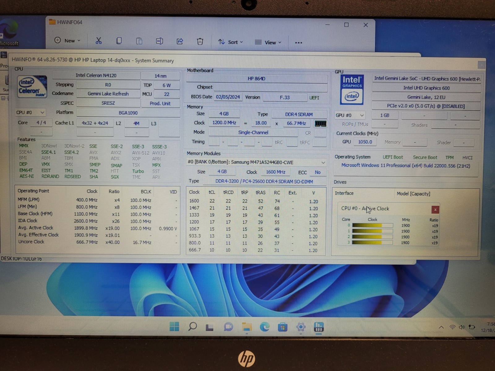 Hp laptop 14-dq0052dx celeron N4120 1.1ghz 4gb ram 62gb eMMc charger 5CD4208H4Z