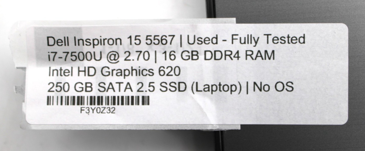 Dell Inspiron 15 5567 i7-7500U @2.7GHz 16GB DDR3 250GB SATA NO OS *USED/TESTED*