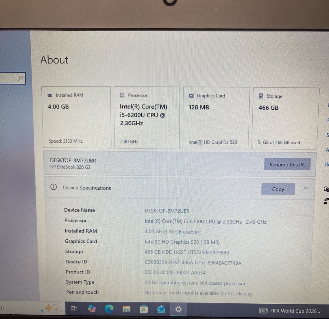 HP Elitebook 820 G3 12.5” 2.GHz i5-6200U 4GB Ram Win 10 PRO NO BATTERY 500GB HD