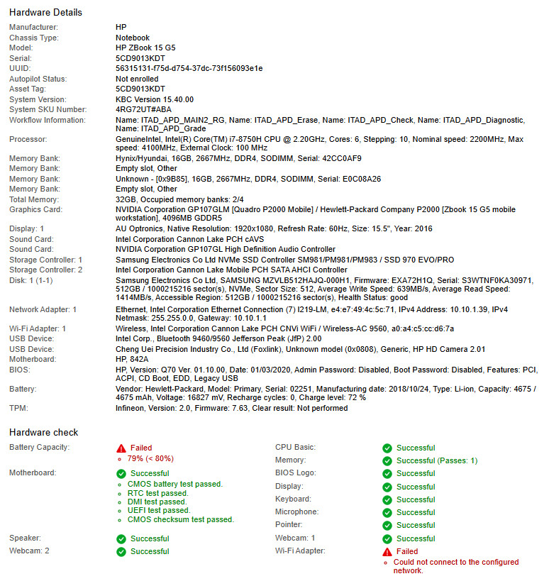 HP ZBook 15 G5, i7-8750H CPU, @ 2.20GHz, 32GB RAM, 512GB NVMe-No OS/AC