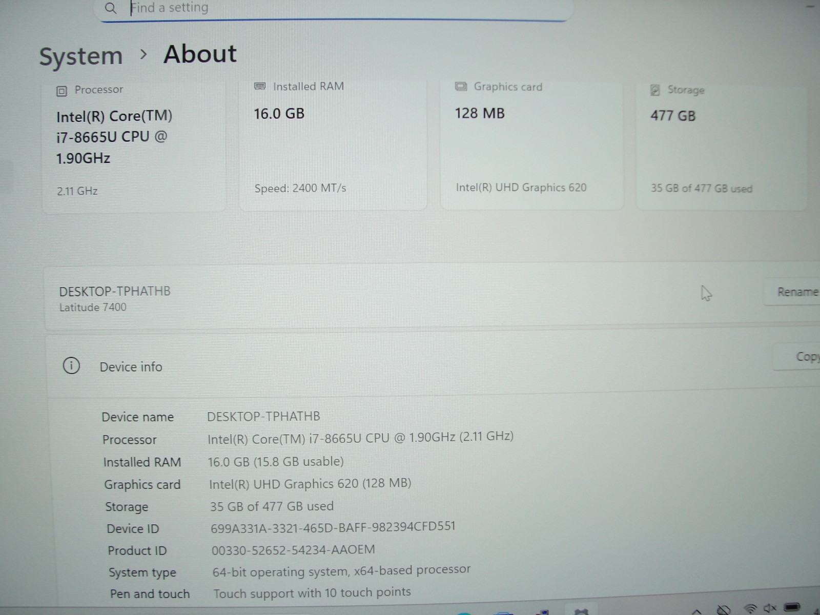 Dell Latitude 7400 14” FHD TOUCH Core i7-8665U 1.9GHz 16GB RAM 512GB SSD vPRO