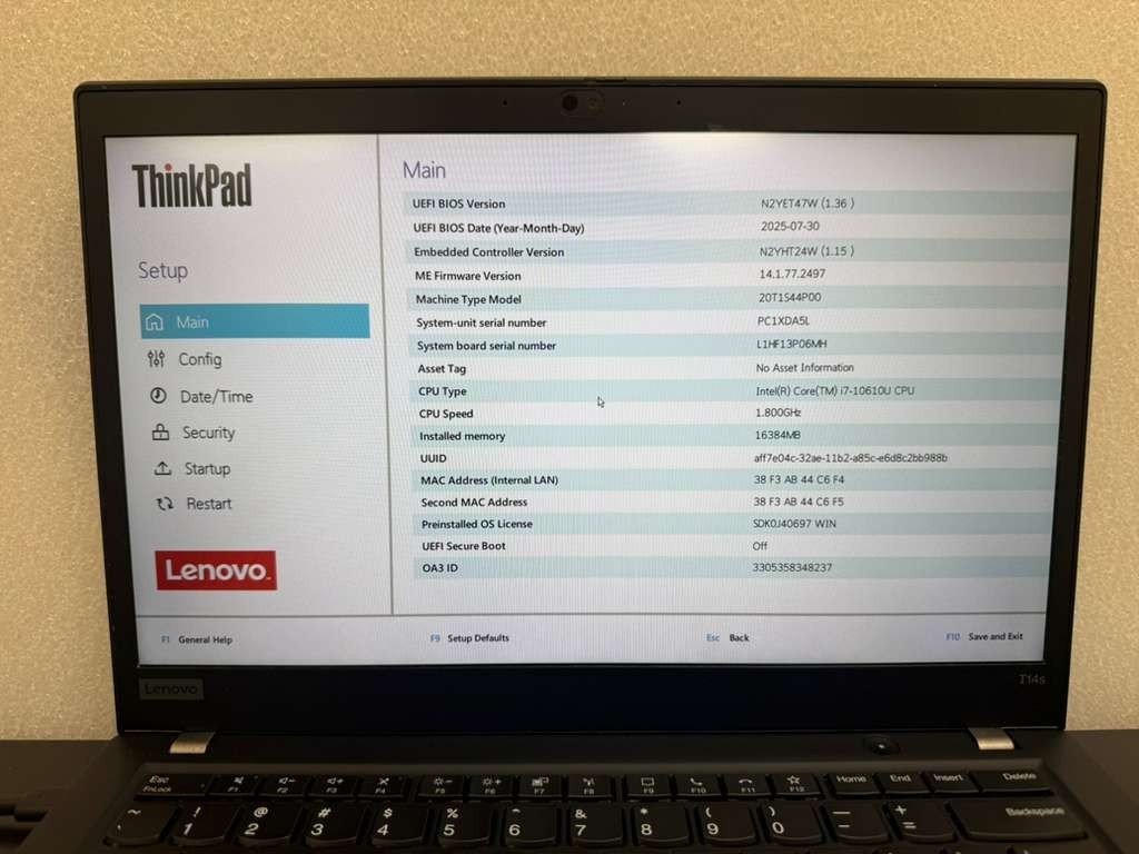 Lenovo ThinkPad T14s Gen 1 14″ i7-10610U 16GB RAM NO SSD