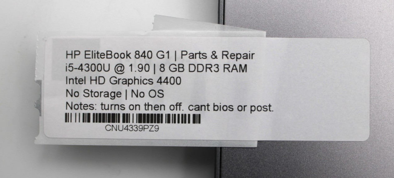 HP EliteBook 840 G1 i5-4300U@1.9GHz 8GB DDR3 NO STORAGE/OS *PARTS/REPAIR*
