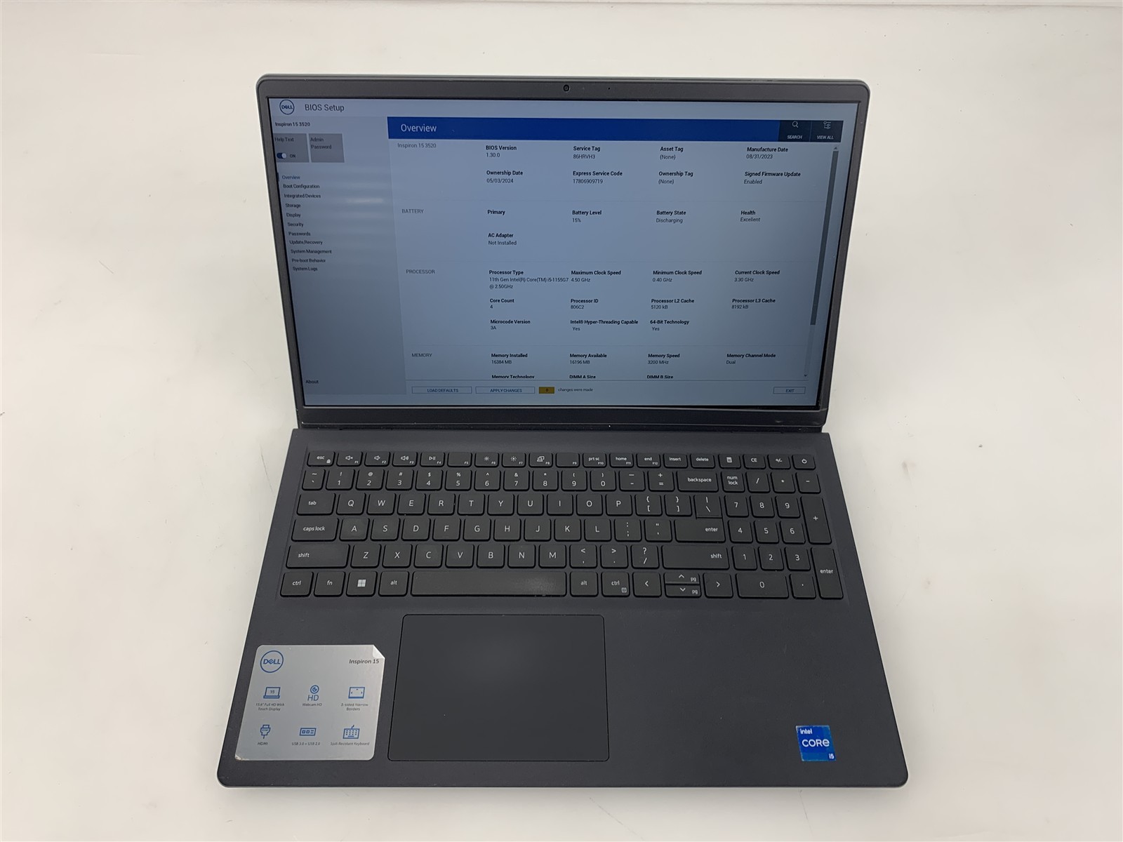Dell Inspiron 15 3520 Intel i5-1155G7 4.50GHz 16GB RAM No HDD/SSD 15.6″ – PARTS