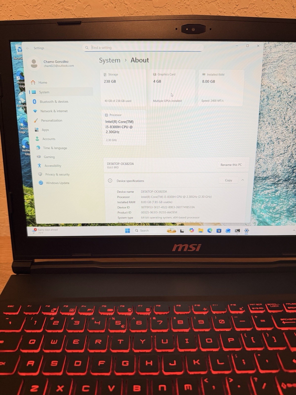 MSI Gaming Laptop GL63 15.6″ Intel i5 8300H 2.30GHz 8GB RAM, 1TB GTX1050