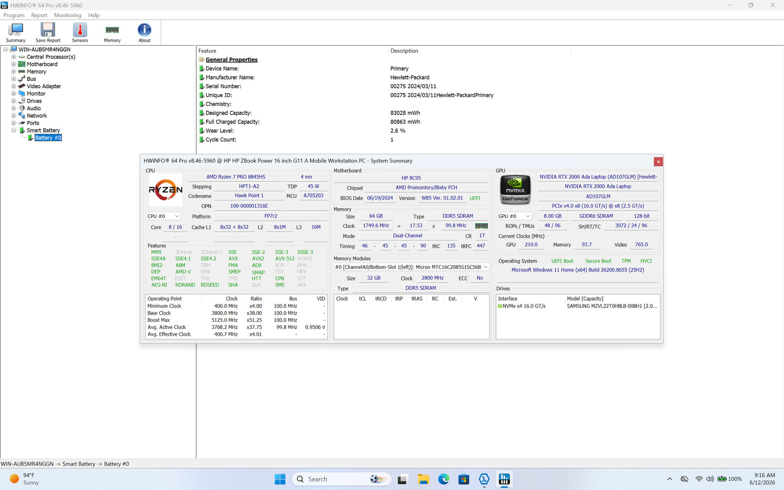 HP ZBook Power G11 Ryzen 7 PRO 8845HS RTX 2000 Ada 64GB 2TB Grade D