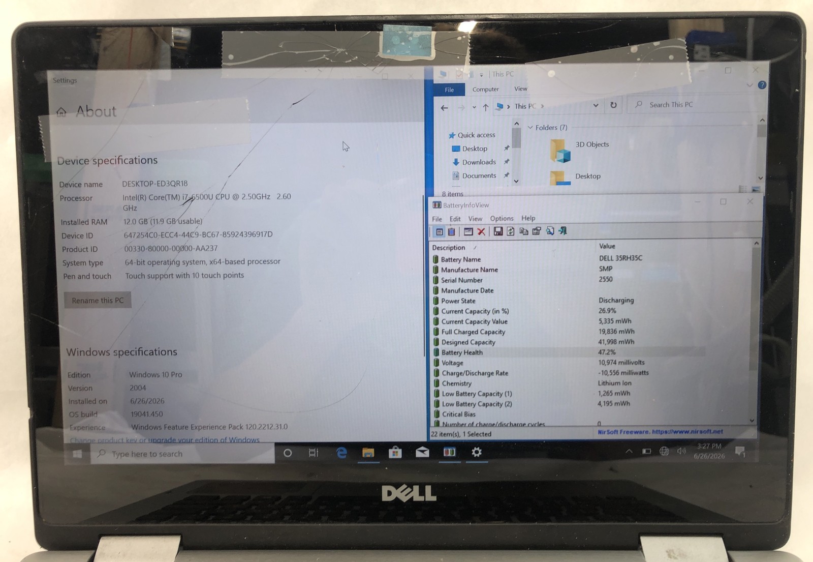 Dell Inspiron 13 7000, Intel Core i7-6500U @2.50GHz, 12 GB RAM 275 GB SSD Win 10