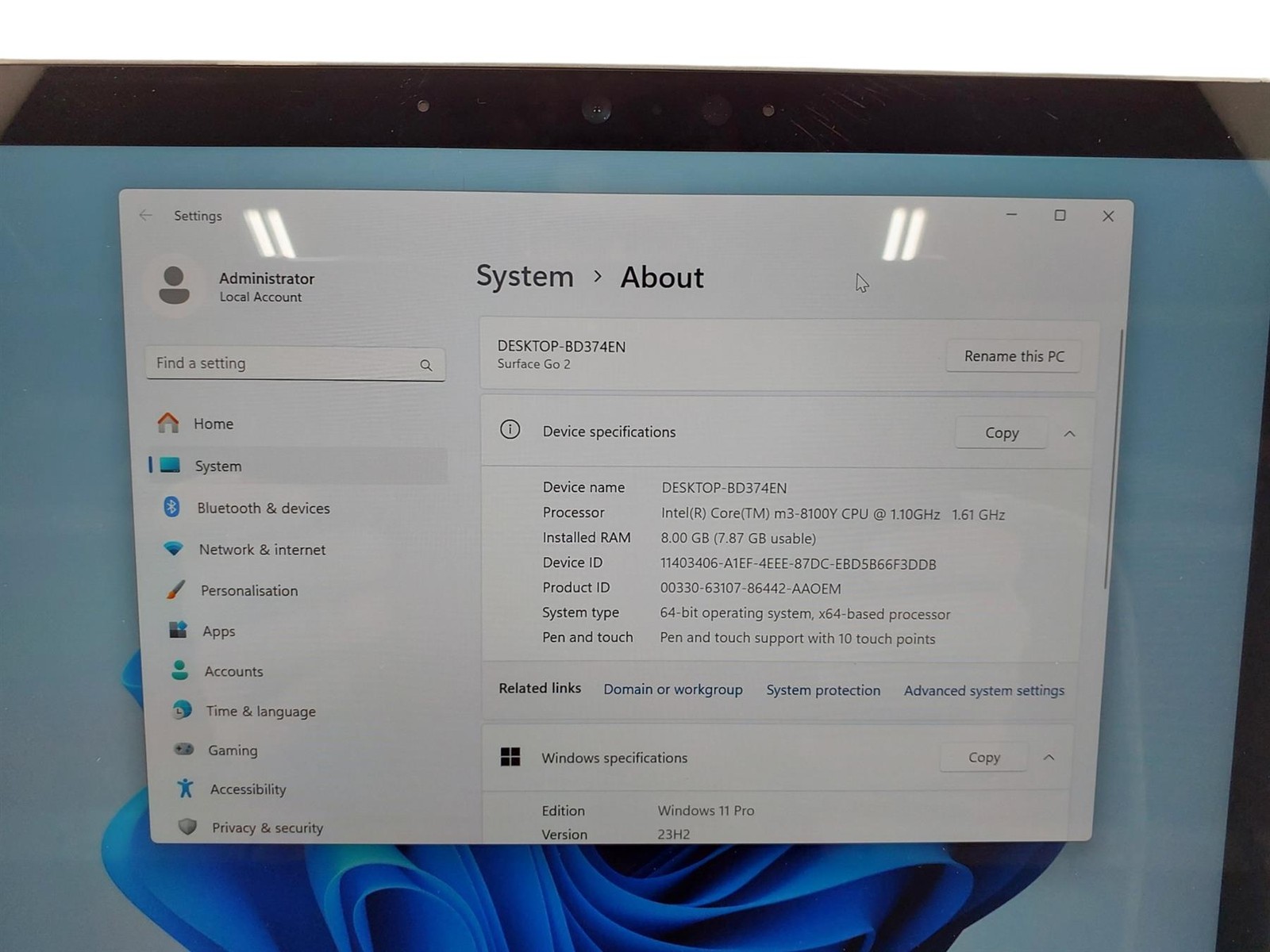 Microsoft Surface Go 2 M3-8100Y 1.10Ghz 8GB RAM 128GB SSD