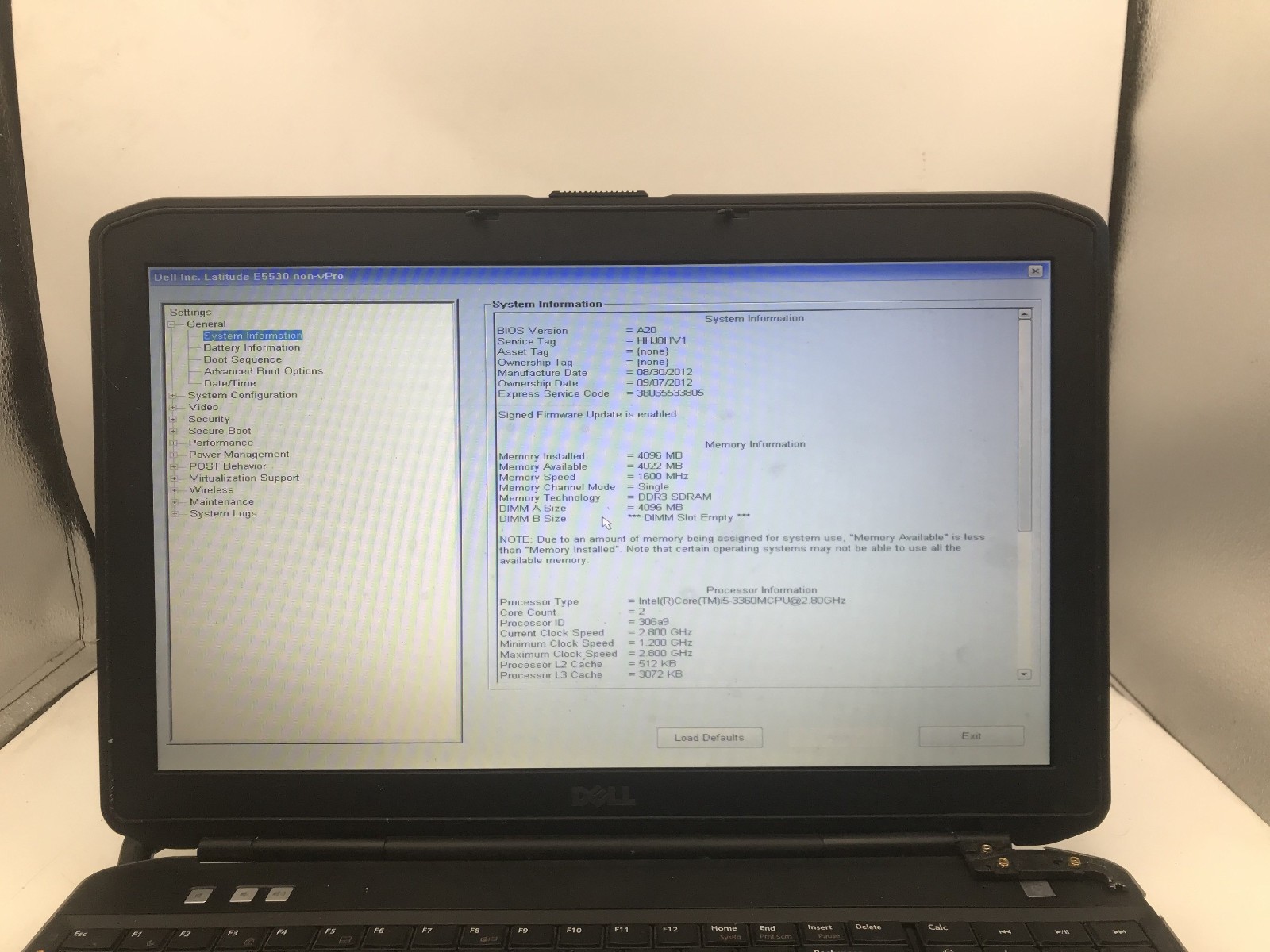 DELL LATITUDE E5530 – BOOTS TO BIOS – INTEL I3 3360M – NO RAM – 15″ – READ – BB!