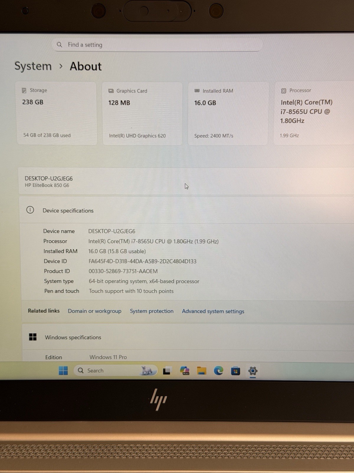 HP EliteBook 850 G6 | Intel i7-8565U 8th Gen | 16GB RAM | 256GB SSD | 15.6 Touch