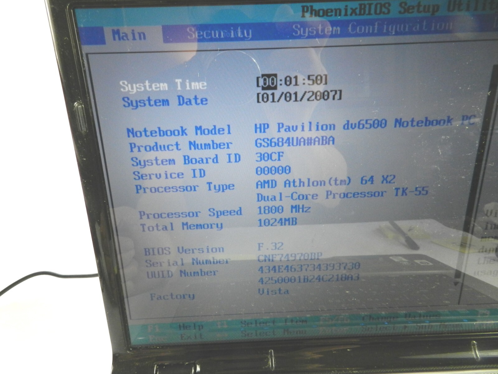 HP Pavilion dv6500 AMD Athlon 64×2 Dual Core TK55 1.8GHz 1 GB RAM NO HDD