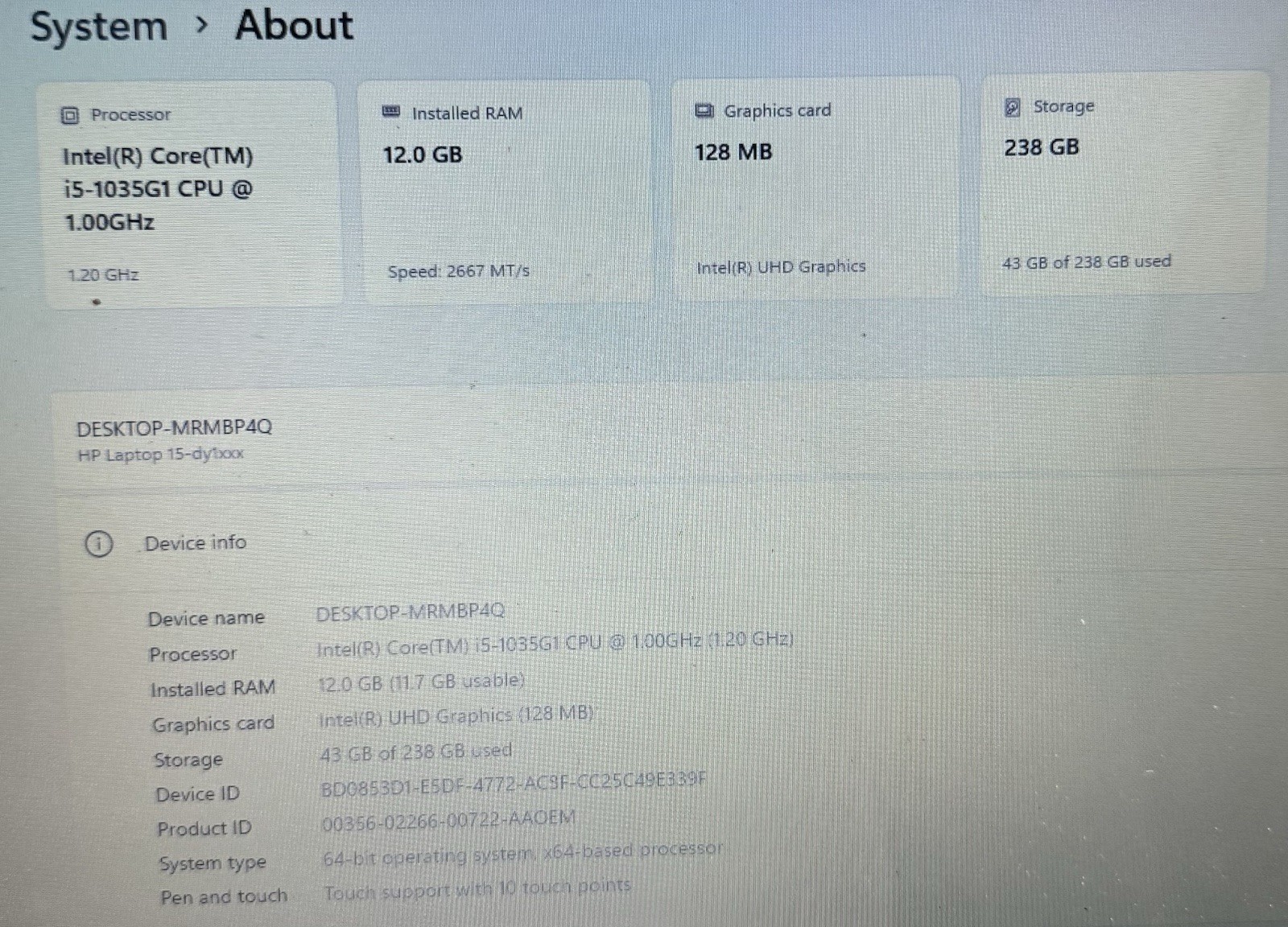 HP 15-dy1043dx 15.6” Touch Laptop i5-1035G1 12GB RAM 256GB SSD Win 11