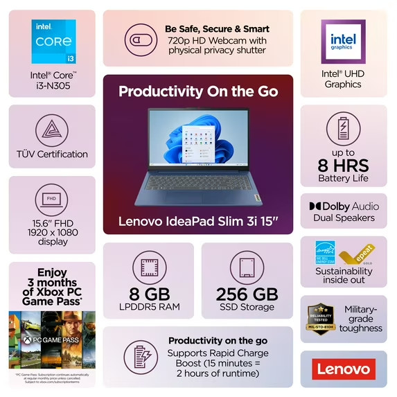 Lenovo IdeaPad Slim15.6″Laptop,IntelCore i3-N305,8GB,256SSD,82XB00BMUS OPEN SEAL