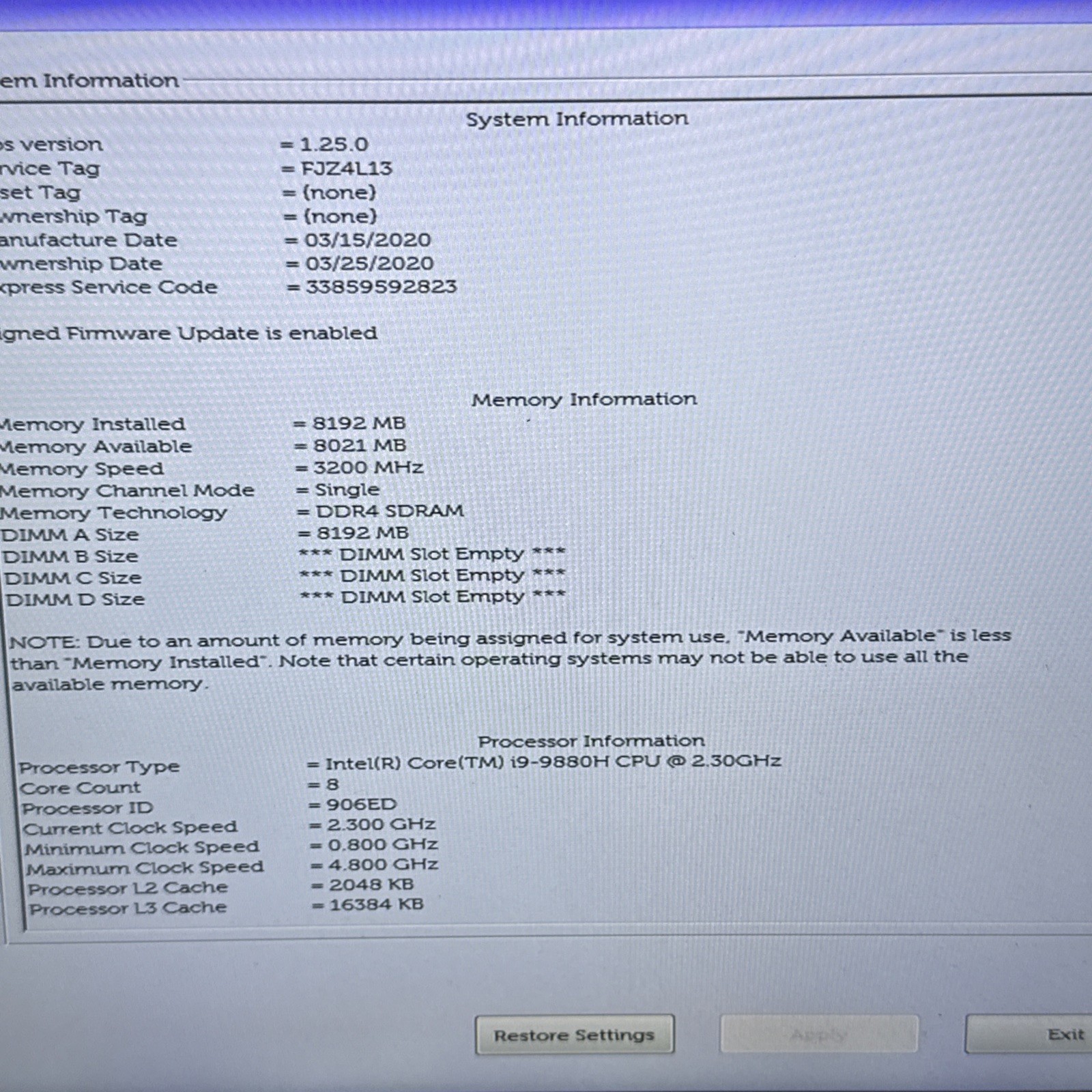 Dell Precision – 7540 Intel Core i9-9980H 2.40Ghz 8GB RAM – NO SSD *NVIDIA*