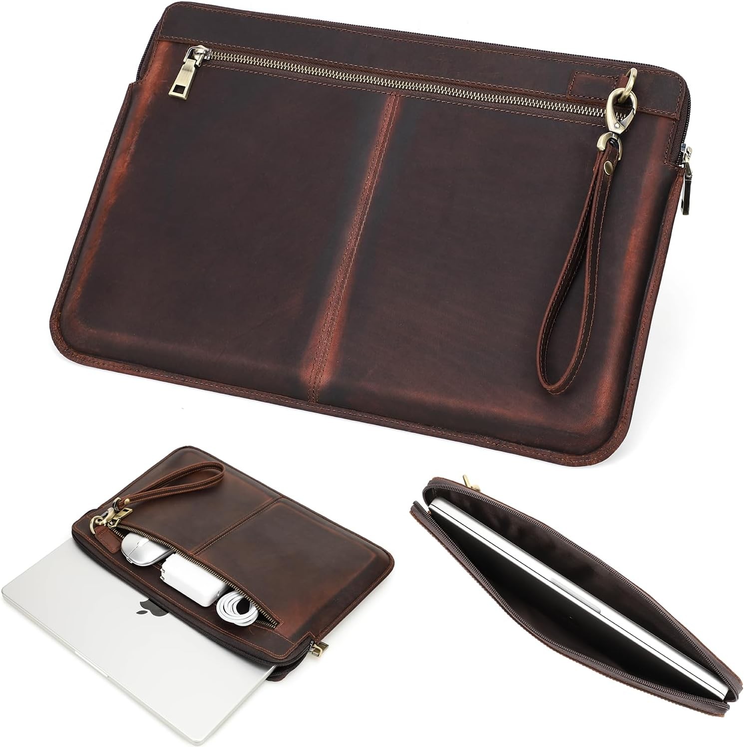 Top Grain Leather 15.4″ Slim Laptop Sleeve Case Bag, Vintage Design with 2 Zip P