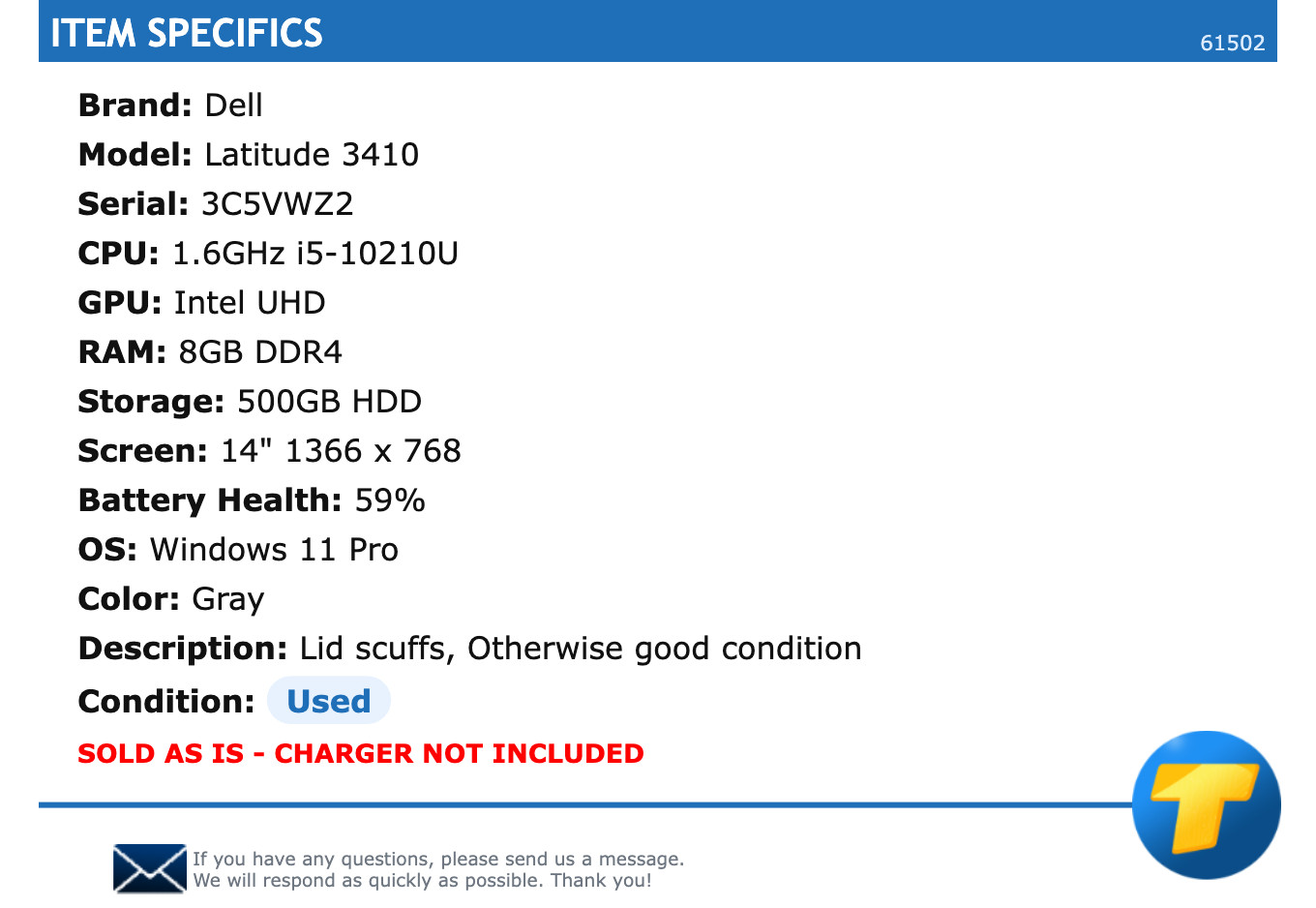 Dell Latitude 3410 – 14″ HD, 1.6GHz i5, 8GB RAM, 500GB HDD, Windows 11 Pro