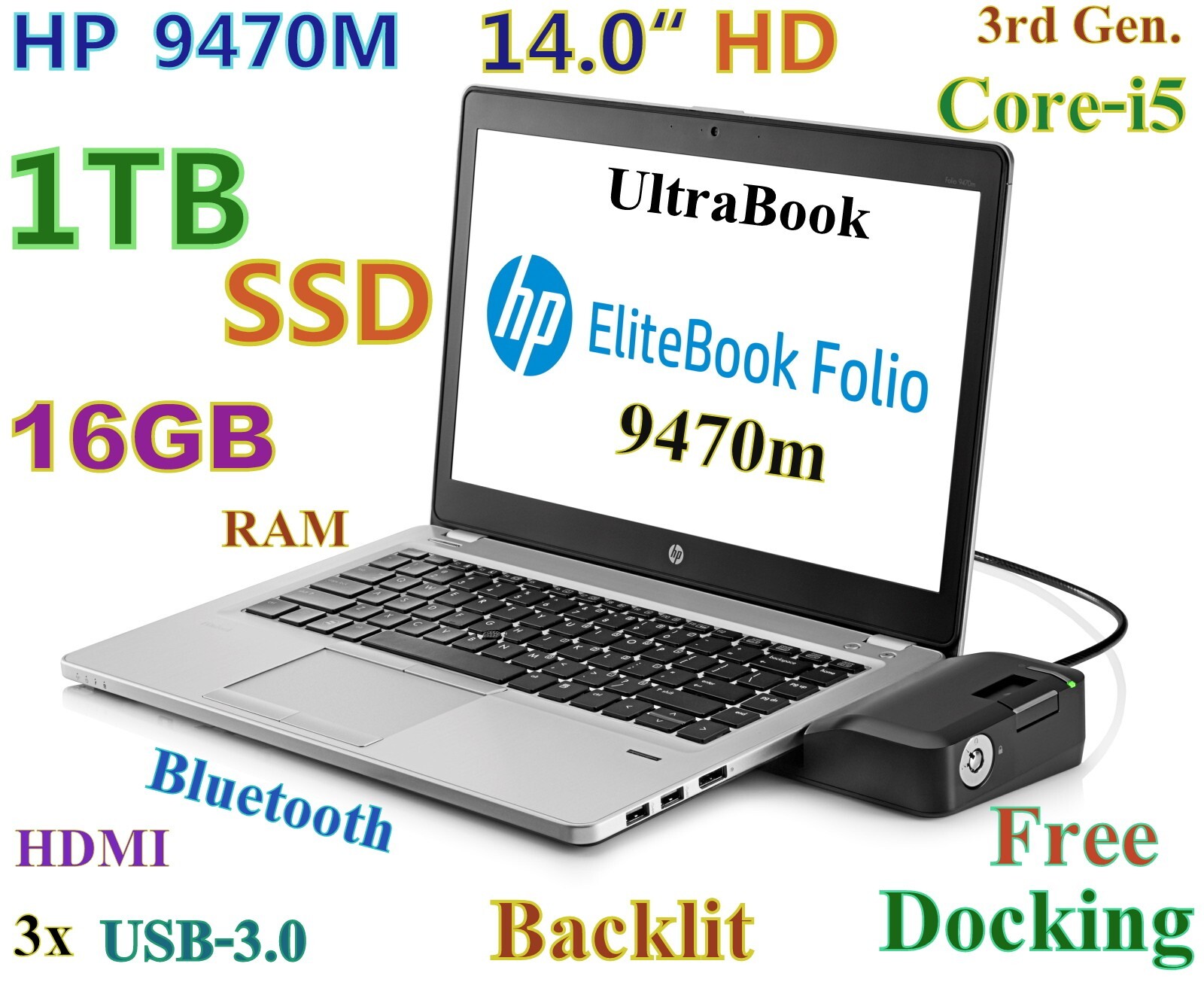 Ultrabook HP Folio 9470m i5-1.9GHz FAST 1TB SSD 16GB 14″ Backlit BT FP DOCK
