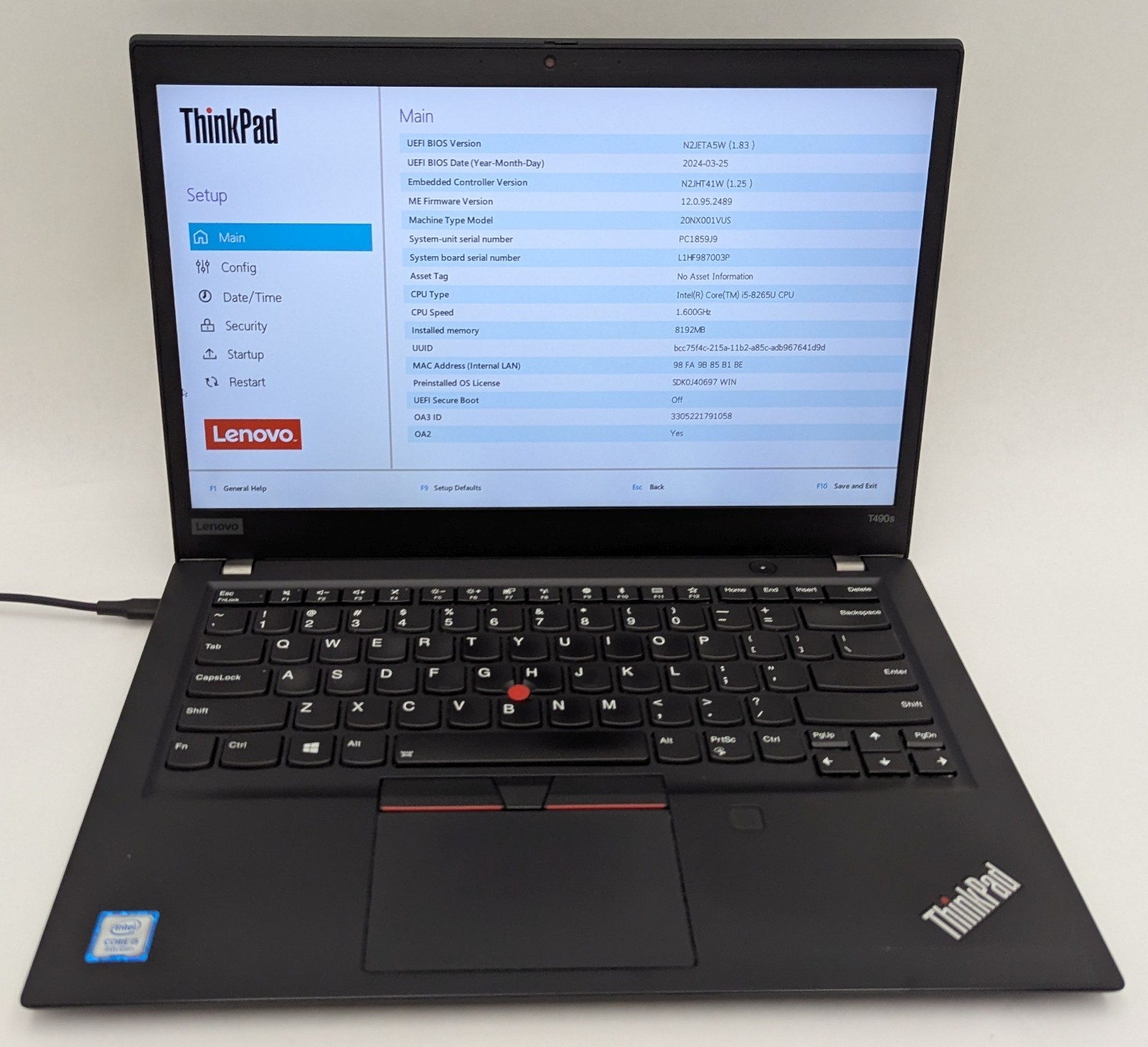 Lenovo ThinkPad T490s 14″ Laptop i5-8265U 1.60GHz 8GB RAM 256GB NVMe Win 11 Pro