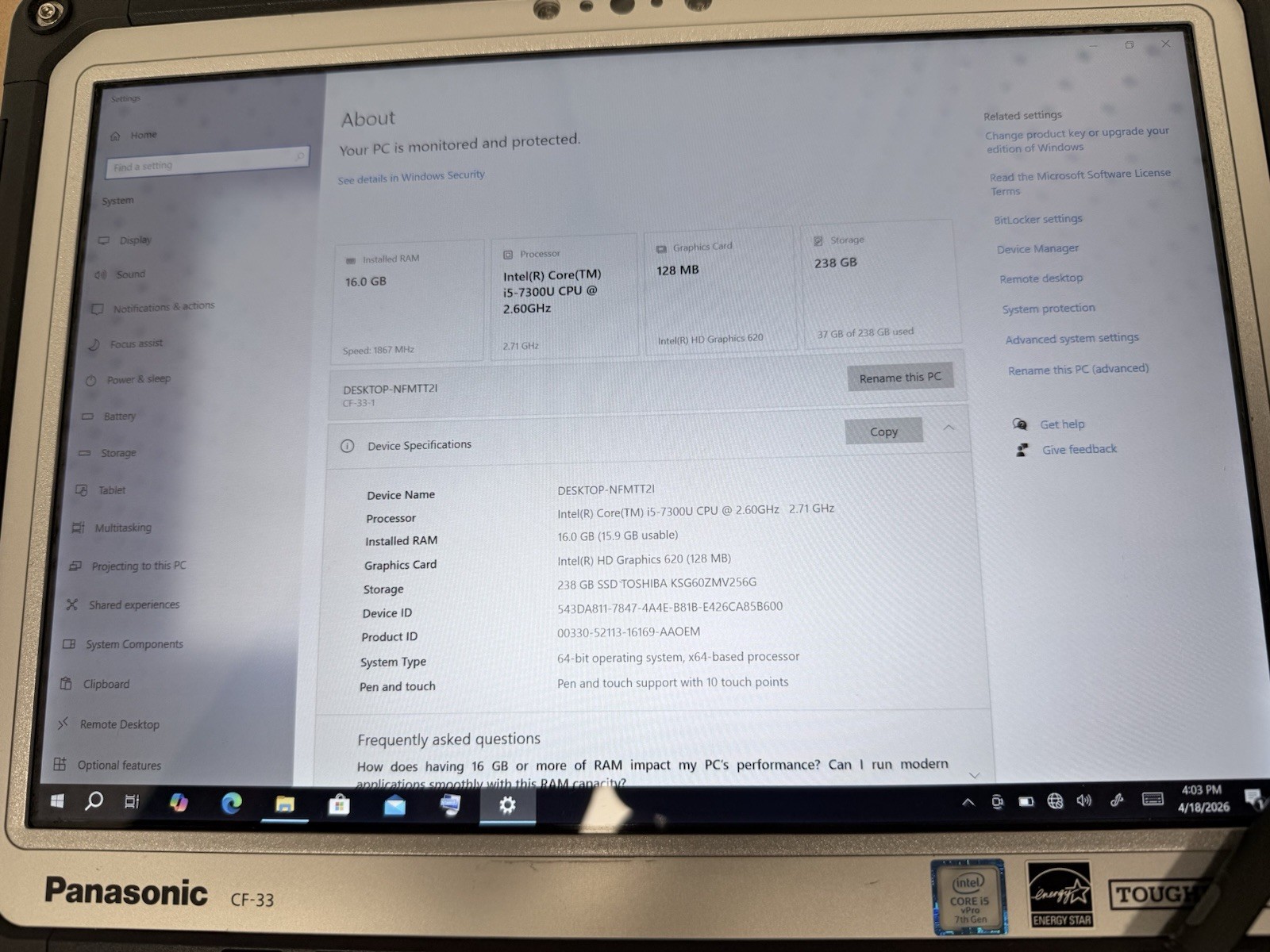 Panasonic toughPad CF-33 | I5-7th Gen | 16 GB RAM | 256 GB SSD | Wind 11 Pro