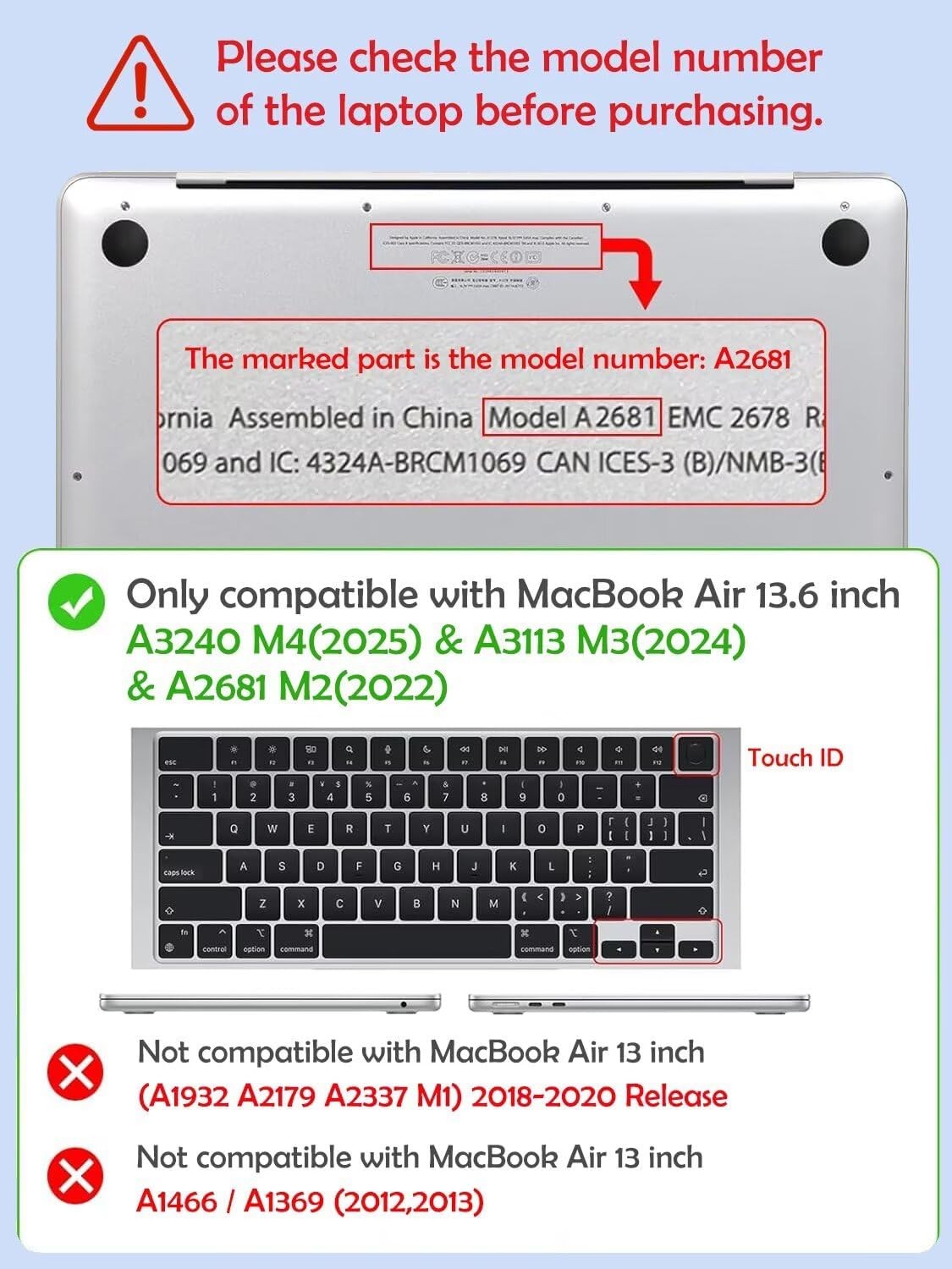 Compatible with 2022-2025 MacBook Air 13.6 Inch Case with Touch ID, Black