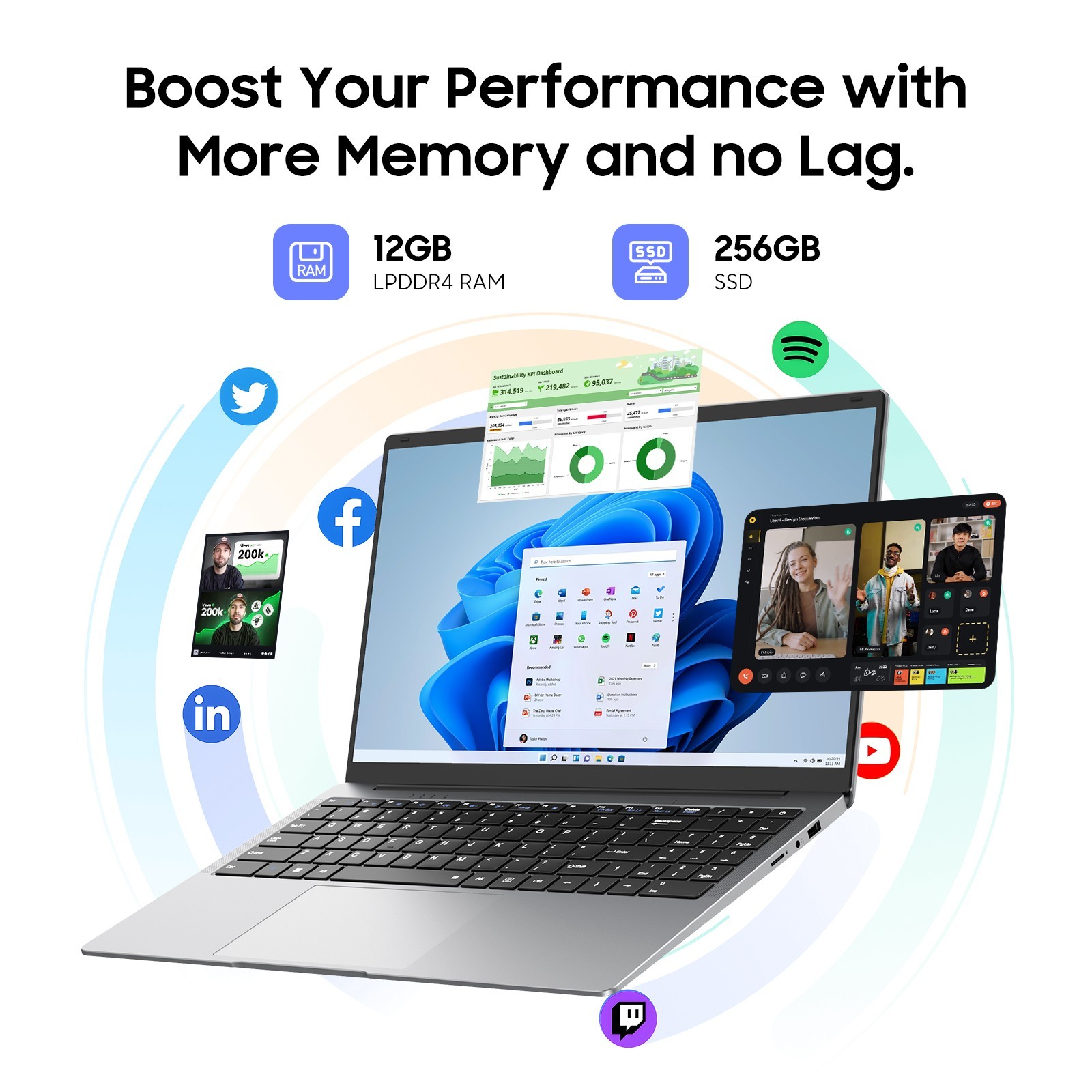 15.6″ Laptop PC 12+256GB,Windows 11 Pro Computer,Intel Celeron N4000,MS Office
