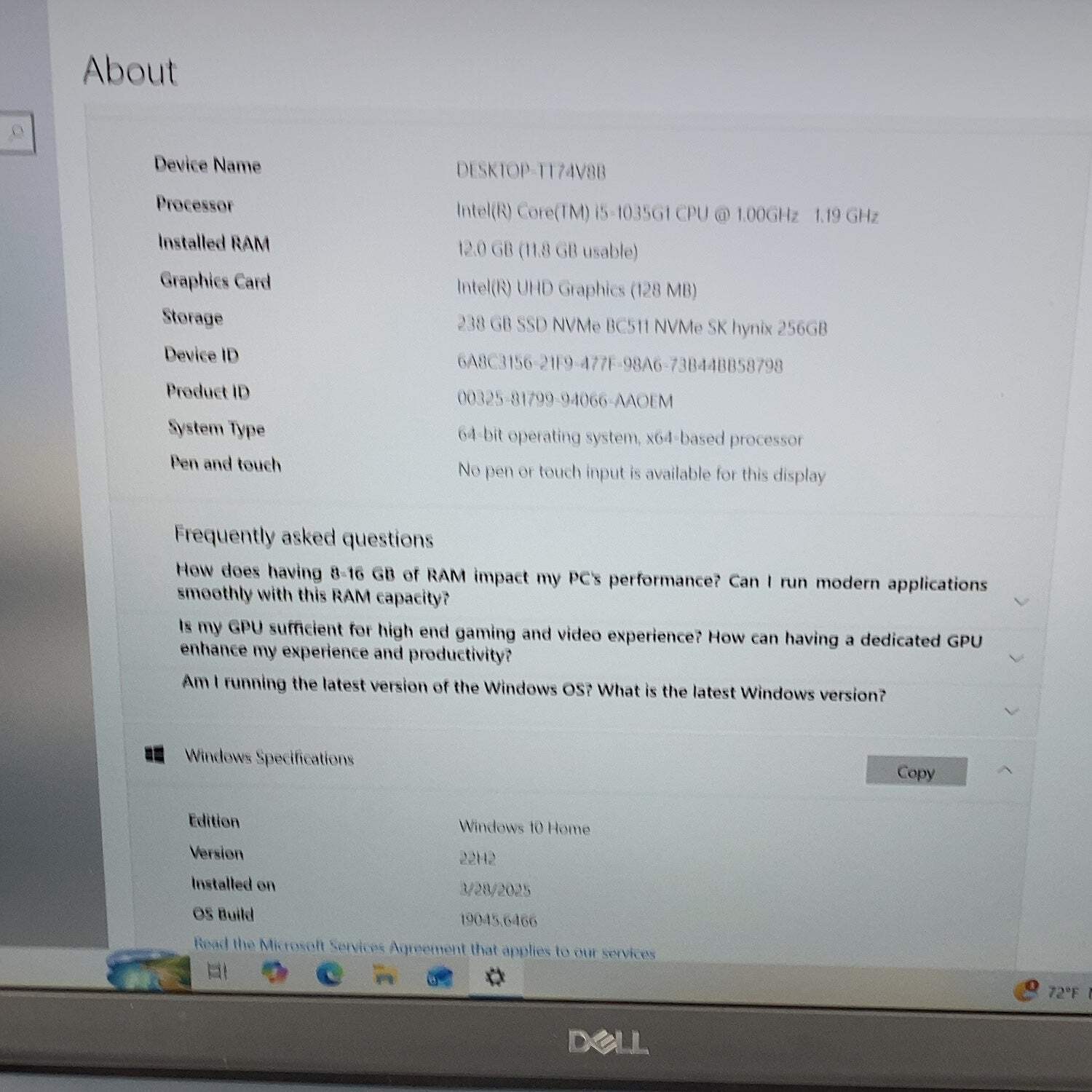 Dell Inspiron 5501 15″ i5-1035G1 1.0GHz 12GB RAM 256GB SSD