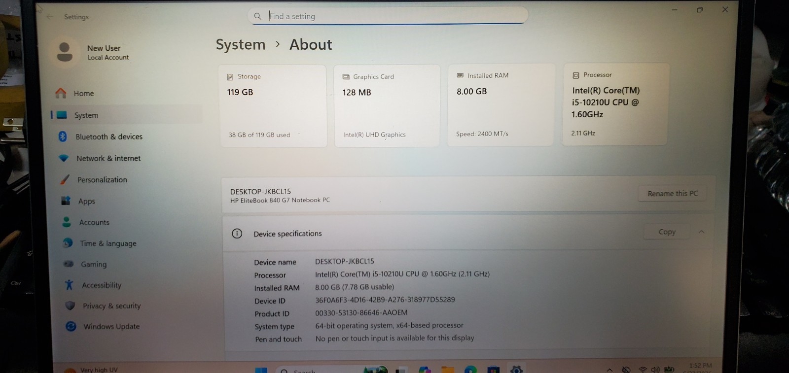 HP EliteBook 840 G7 Laptop Intel Core i5-10th Gen 8GB RAM 256GB SSD W11P