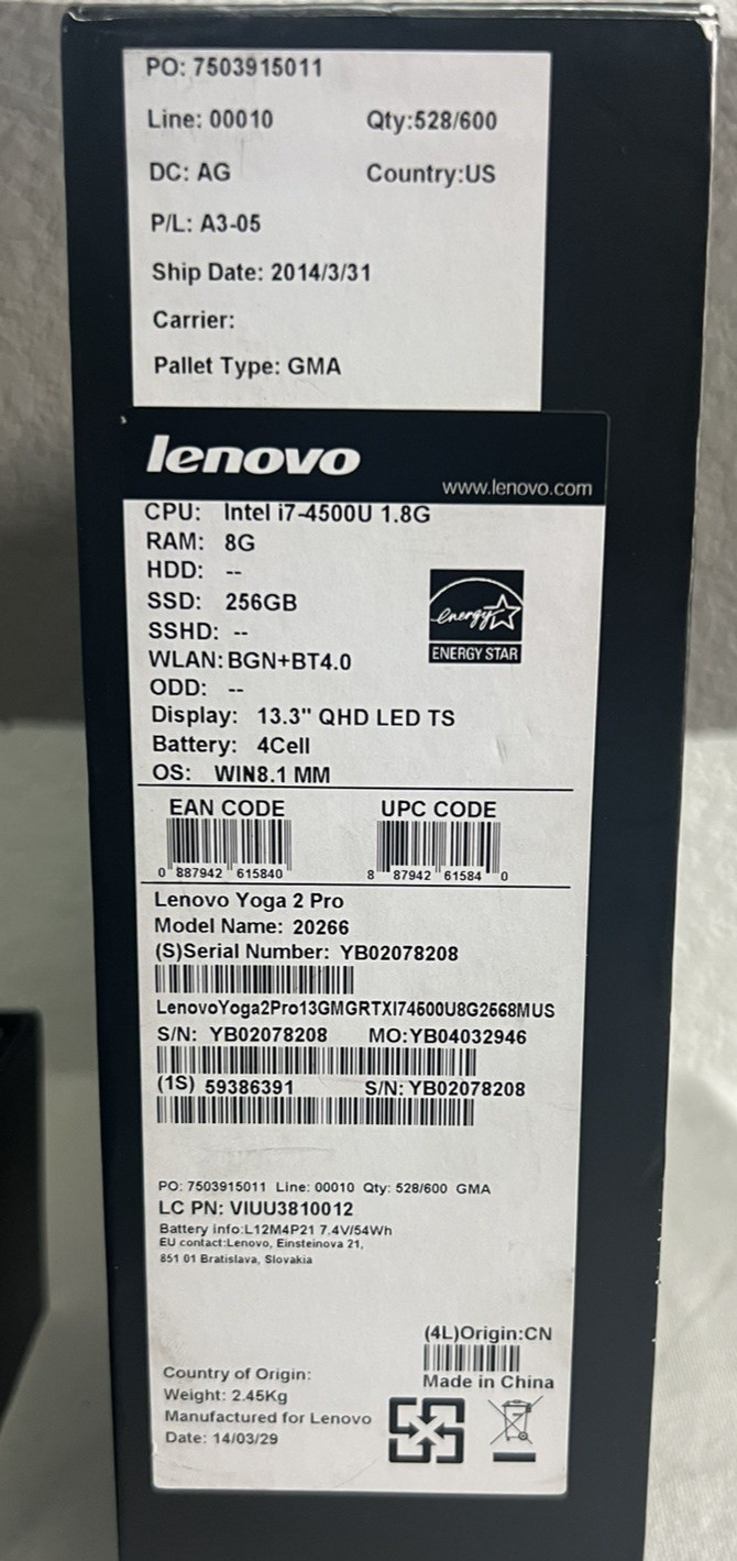 Lenovo Yoga 2 Pro 13.3″ QHD+ Touch Laptop i7-4510U 2.00GHz 8GB RAM Tested
