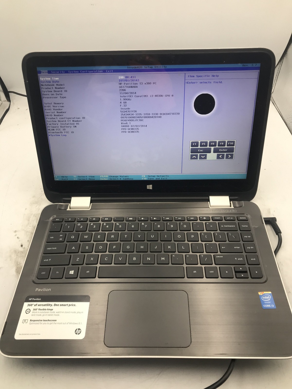 HP 13 A010DX – BOOTS TO BIOS – INTEL I3 4030U – 4GB RAM – NO OS – READ DESC – BB