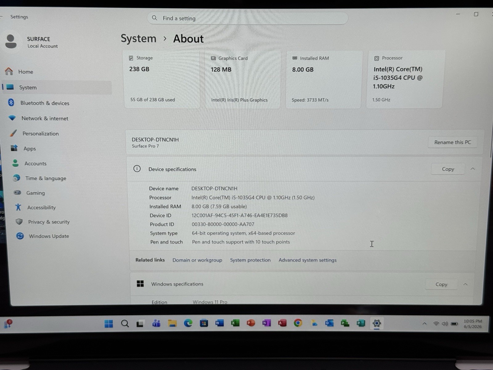 Microsoft Surface Pro 7 1866 12.3″ i5-1035G4 1.1GHz 8GB RAM 256GB SSD