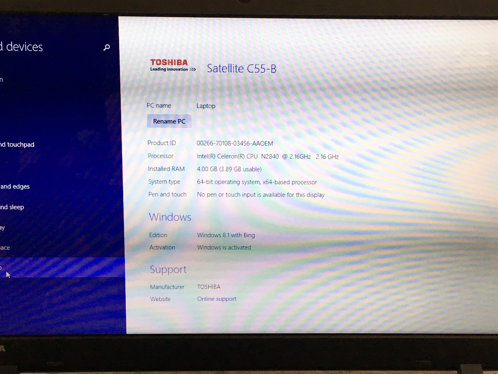 Toshiba Satellite Laptop Celeron N2840 2.16GHz 4GB RAM 500GB HDD Win 8.1 15.5″