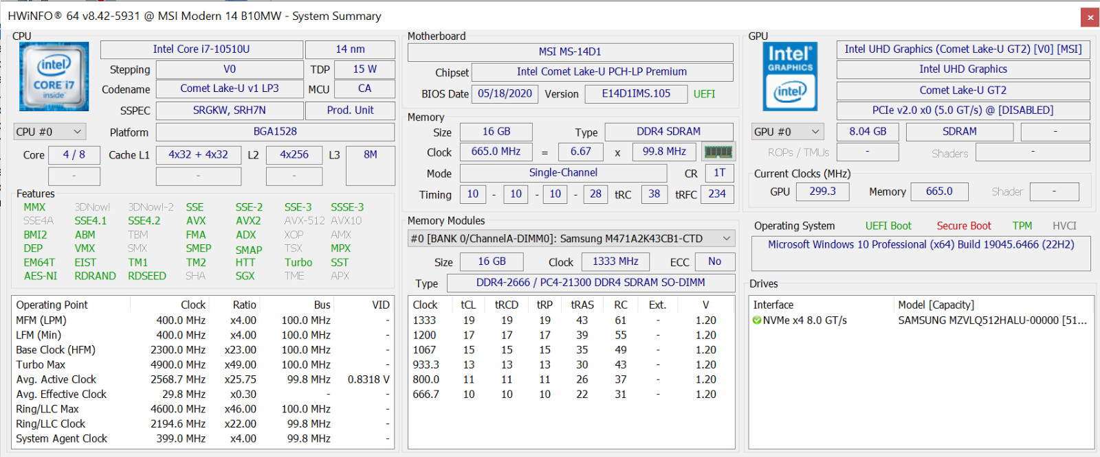 MSI Modern 14 B10MW i7-10510U 512GB SSD 16GB RAM W10 As Is Bad Bat. AO4079750
