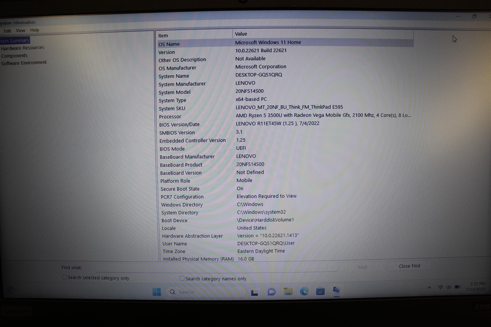 Lenovo Thinkpad E595 AMD Ryzen 5 3500U Mobile 256SSD NvME 16GB Win11home