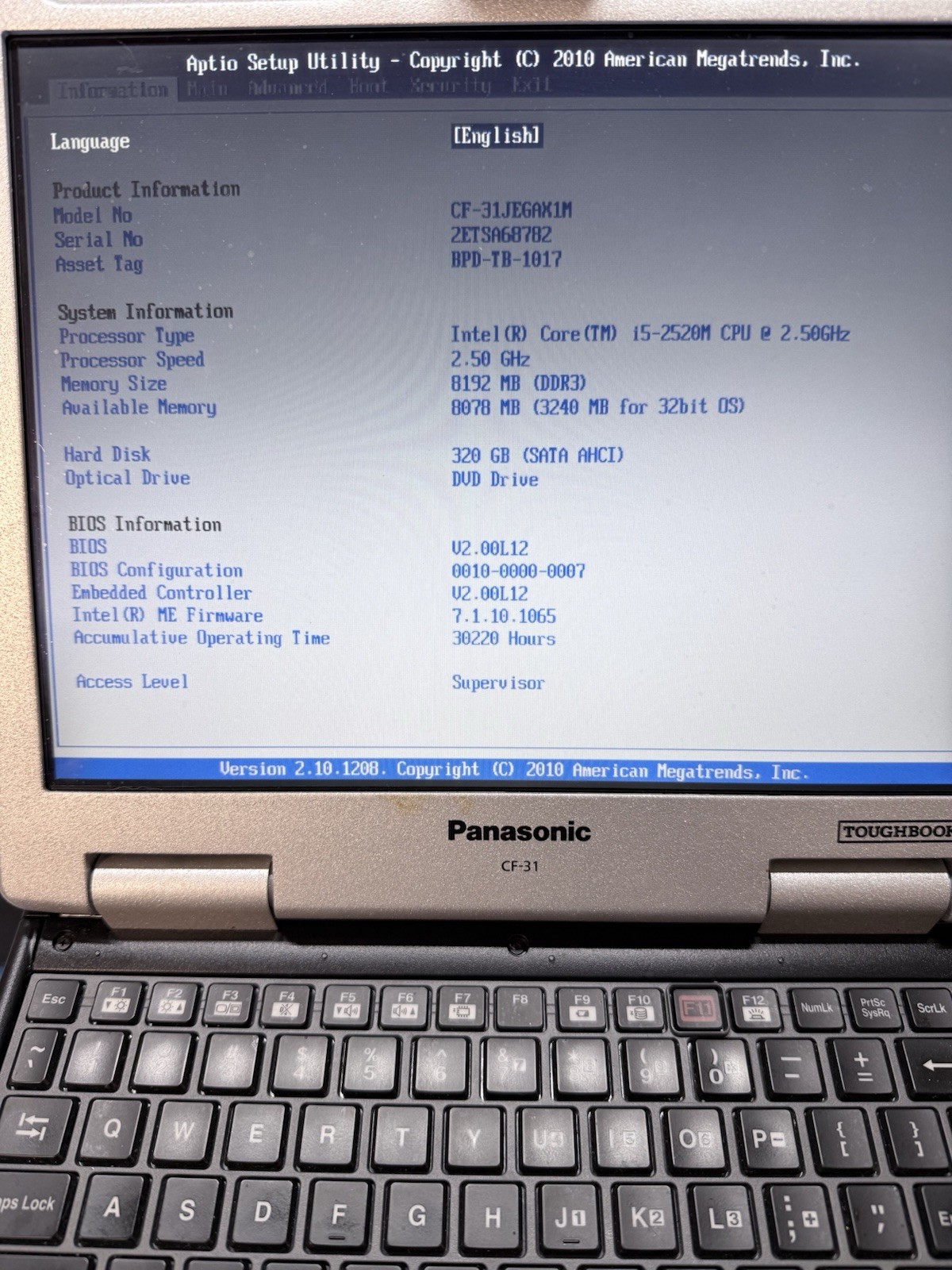 Panasonic Toughbook CF-31 MK2 – 300GB HDD- (Touch / Core i5-2520M / 8GB/ DVD